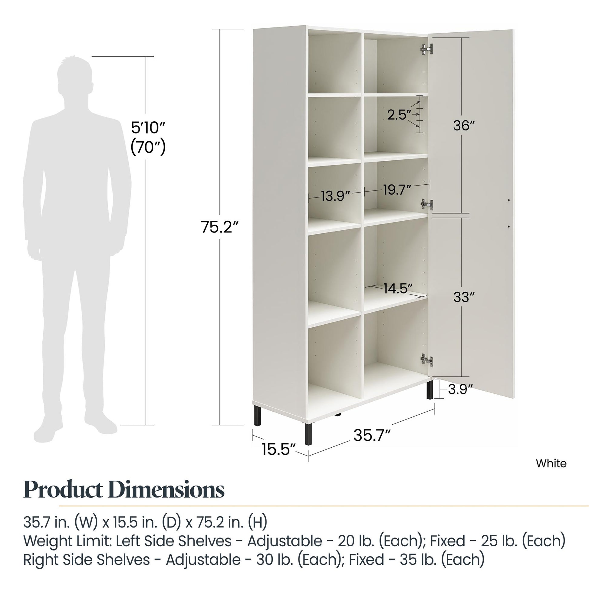 Versa 36" Wide Cabinet with 1 Door, White - White