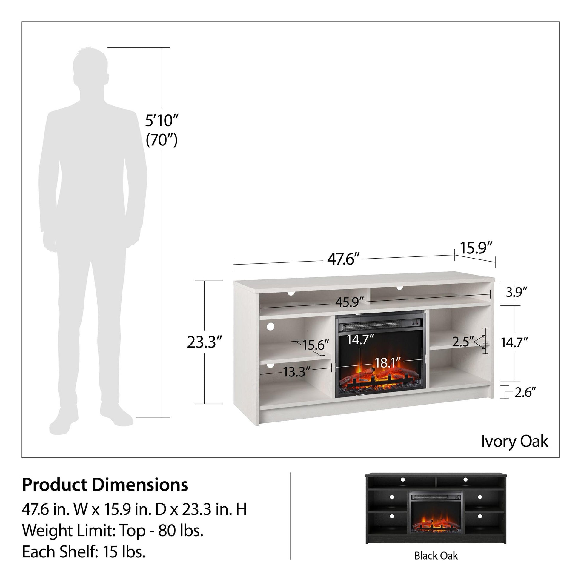 Hendrix 55" TV Stand with Electric Fireplace Insert and 6 Shelves - Black Oak