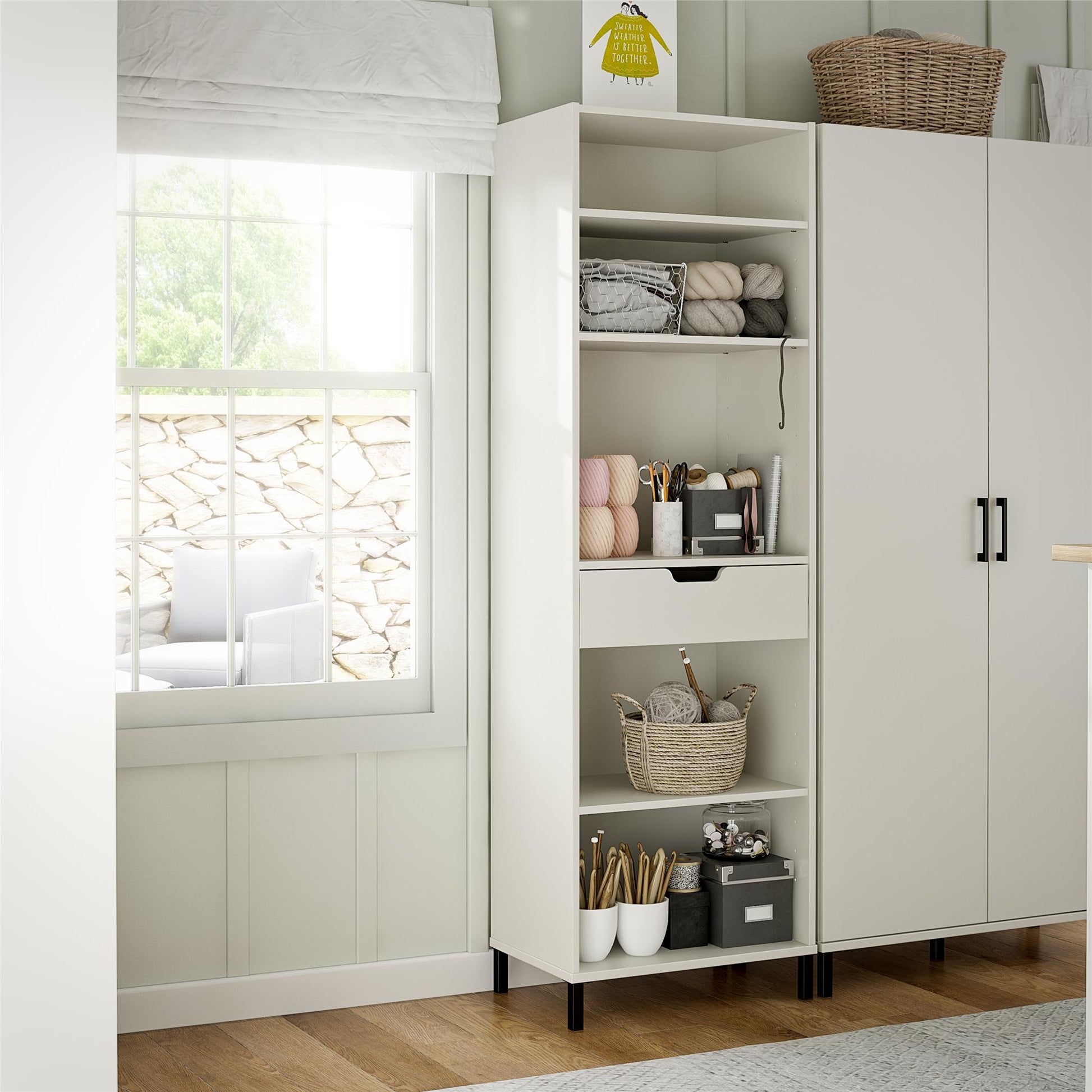 Versa Open Cabinet for Crafting with Drawer and Adjustable Shelving - White