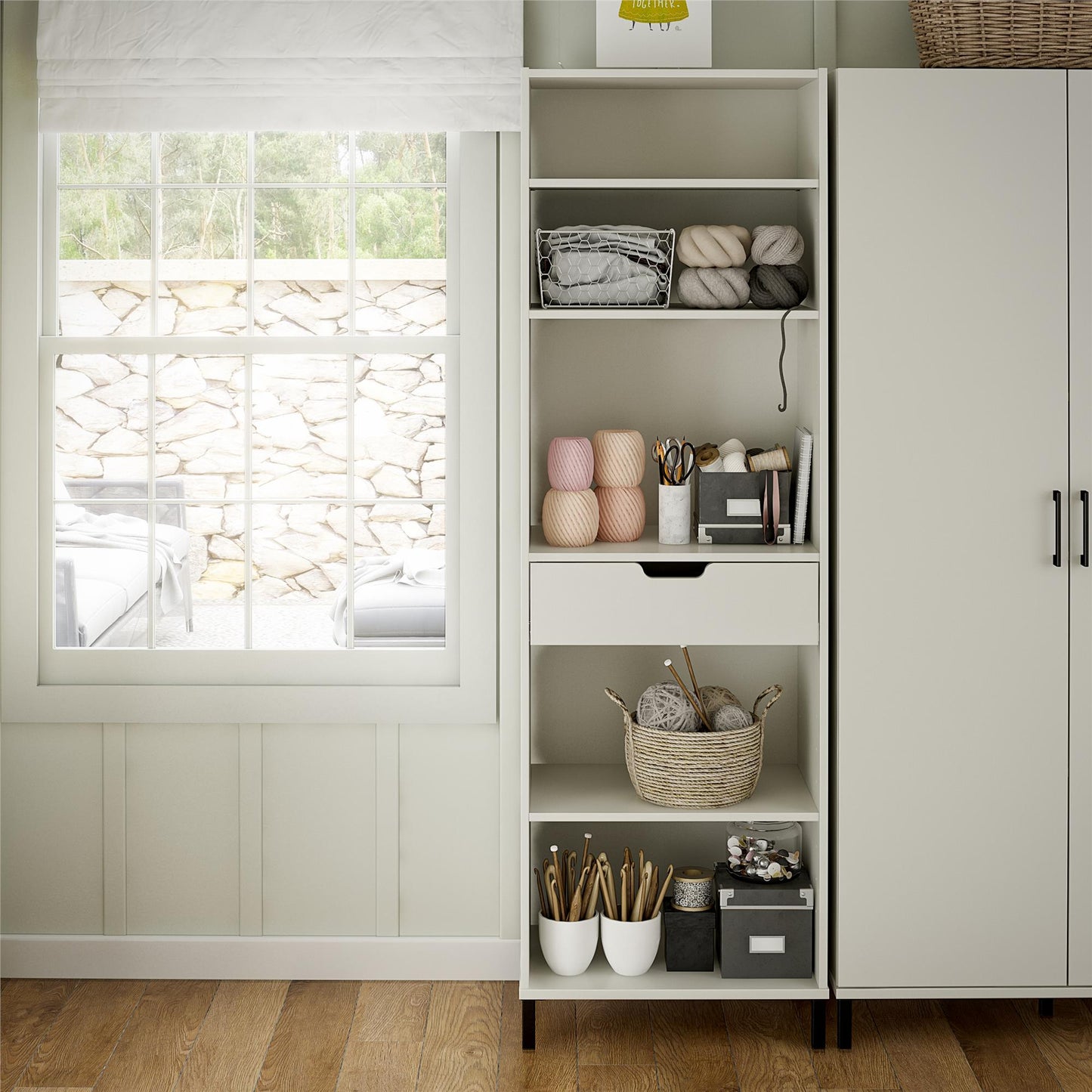Versa Open Cabinet for Crafting with Drawer and Adjustable Shelving - White