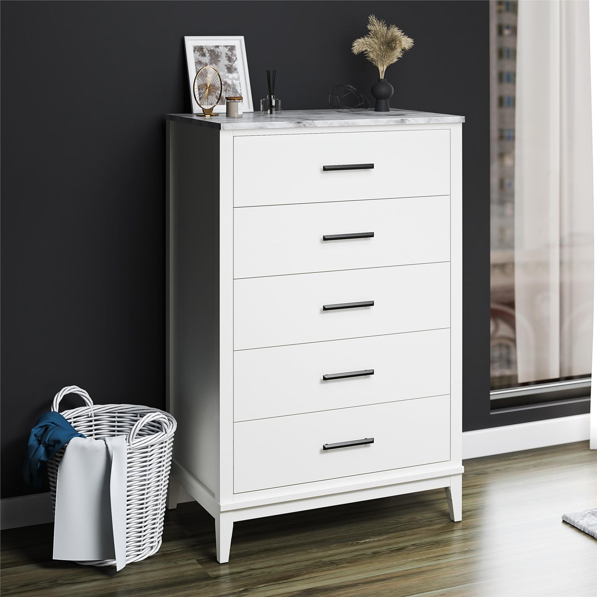 Lynnhaven Modern Tall 5 Drawer with Tapered Legs & Marble Top - White