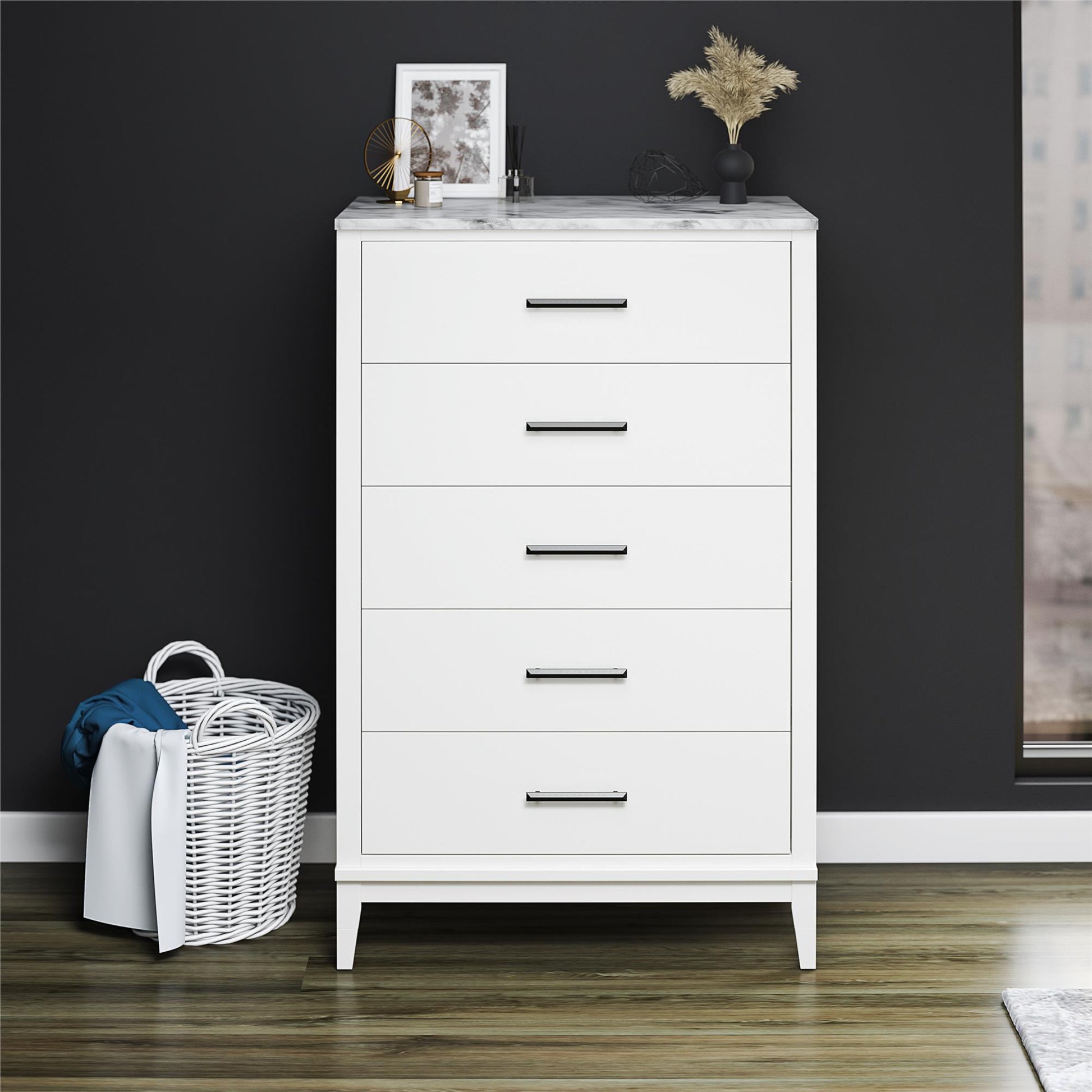 Lynnhaven Modern Tall 5 Drawer with Tapered Legs & Marble Top - White