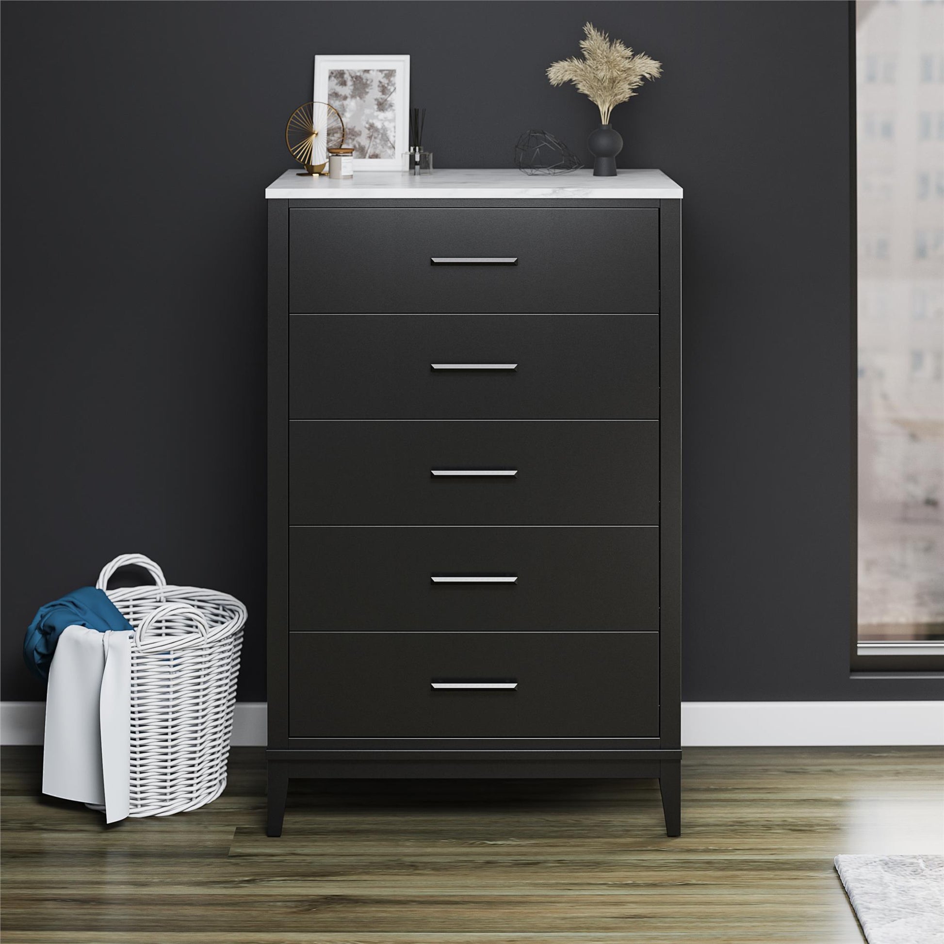 Lynnhaven Modern Tall 5 Drawer Dresser with Tapered Legs & Marble Top - Black
