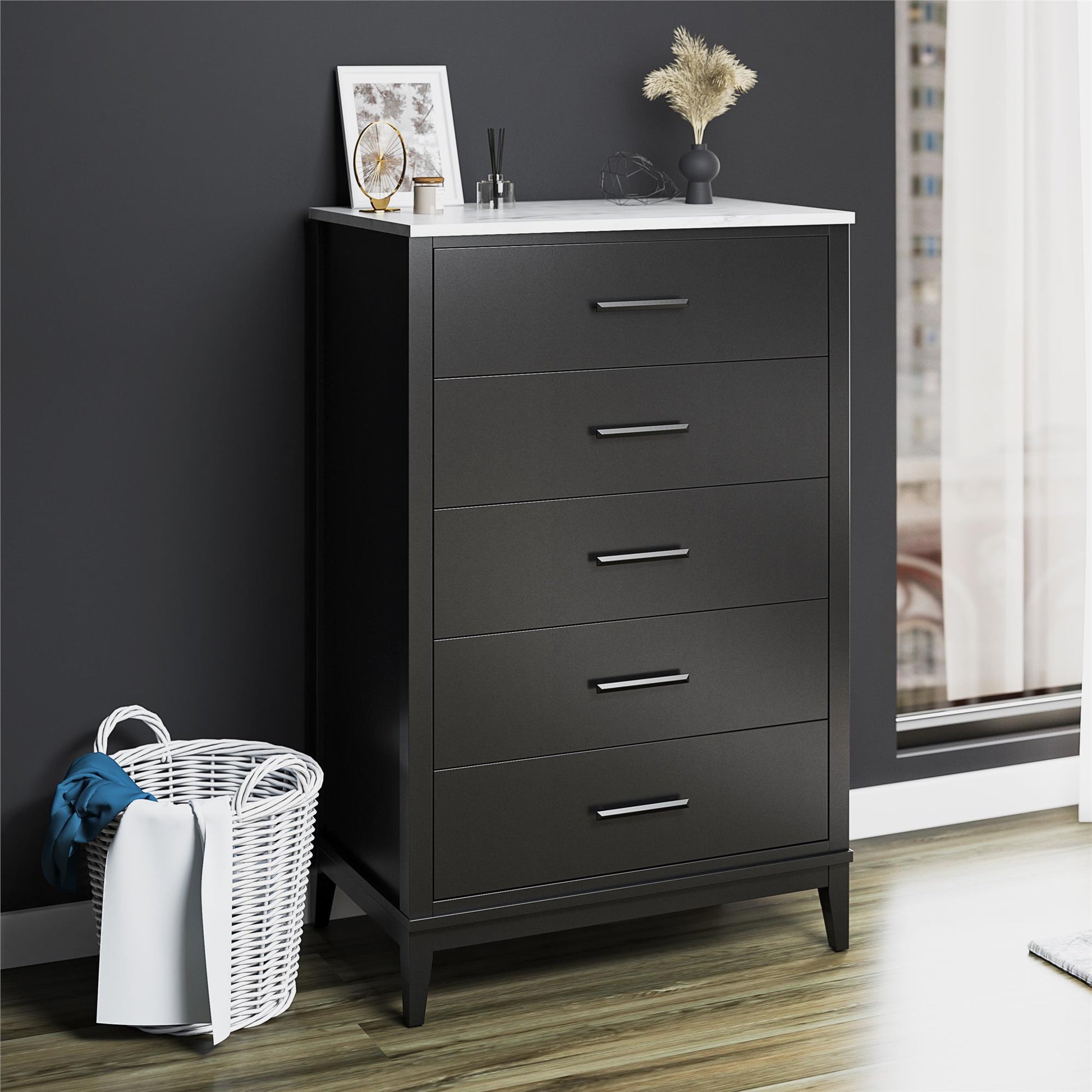 Lynnhaven Modern Tall 5 Drawer Dresser with Tapered Legs & Marble Top - Black