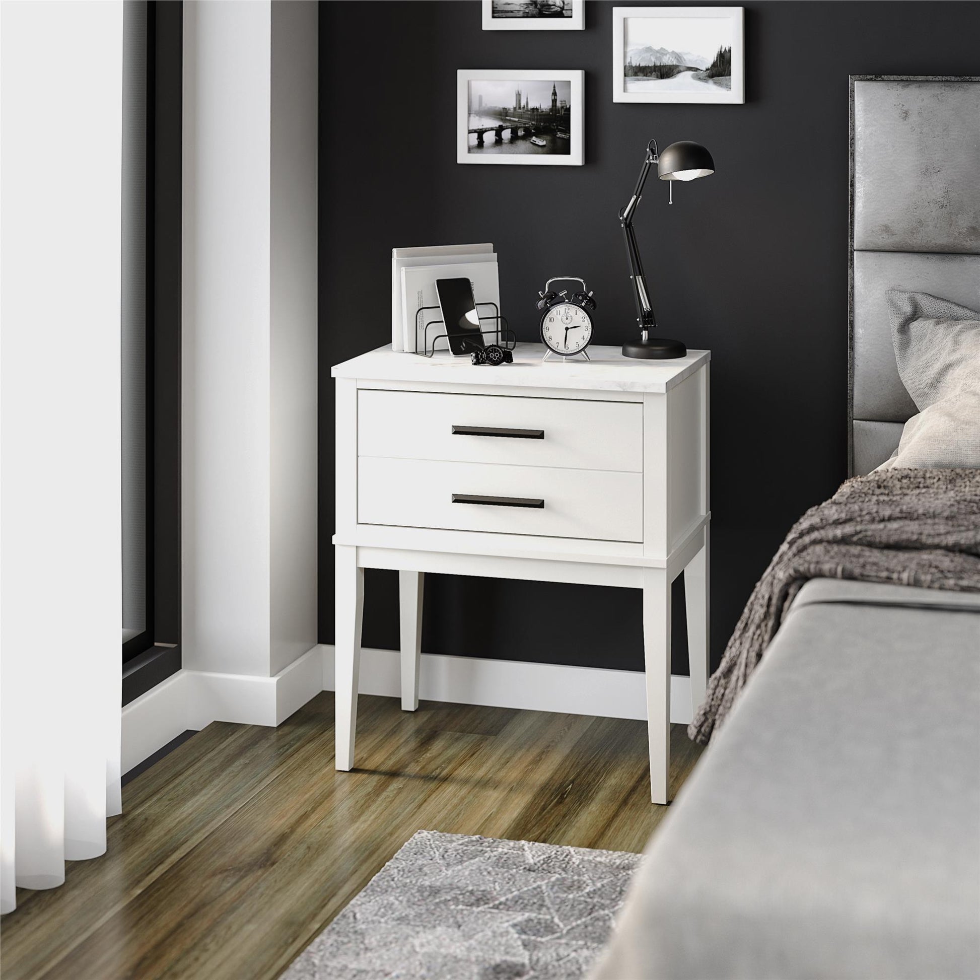 Lynnhaven Modern 1 Drawer Nightstand with Tapered Legs & Marble Top - White