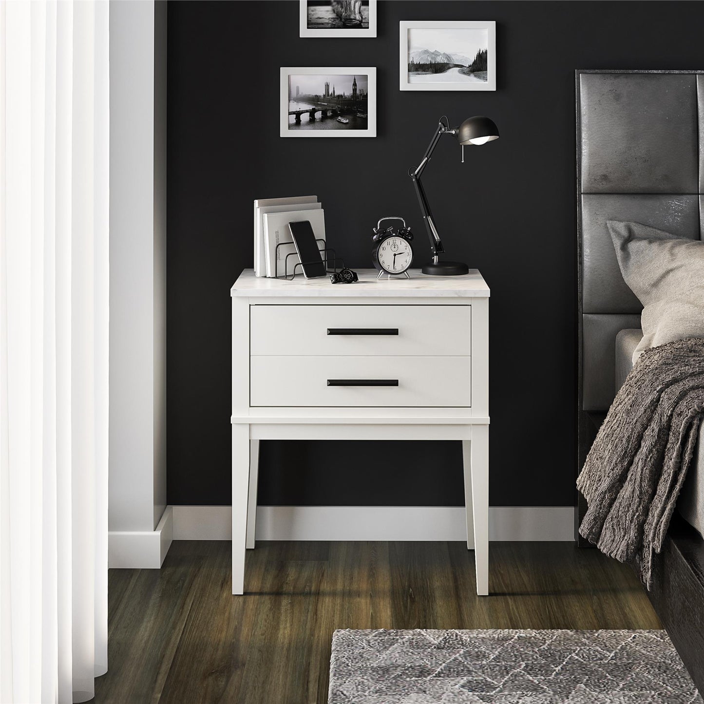 Lynnhaven Modern 1 Drawer Nightstand with Tapered Legs & Marble Top - White