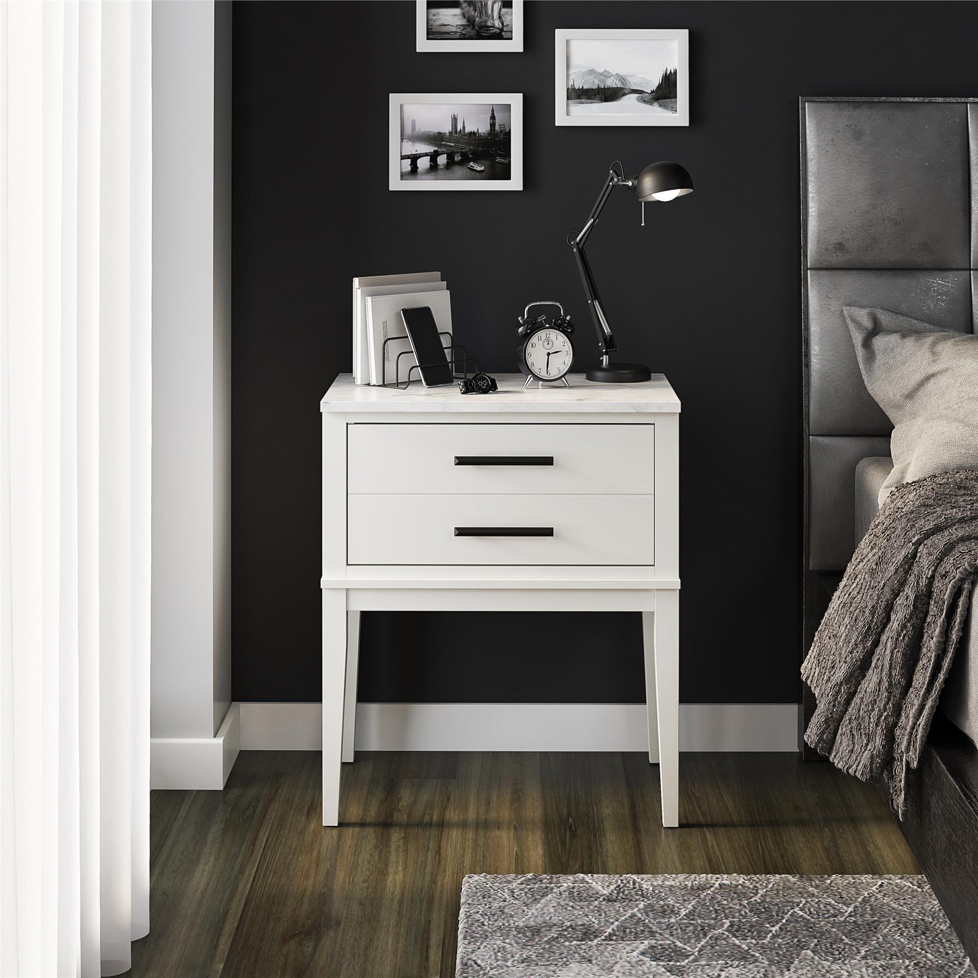 Lynnhaven Modern 1 Drawer Nightstand with Tapered Legs & Marble Top - White