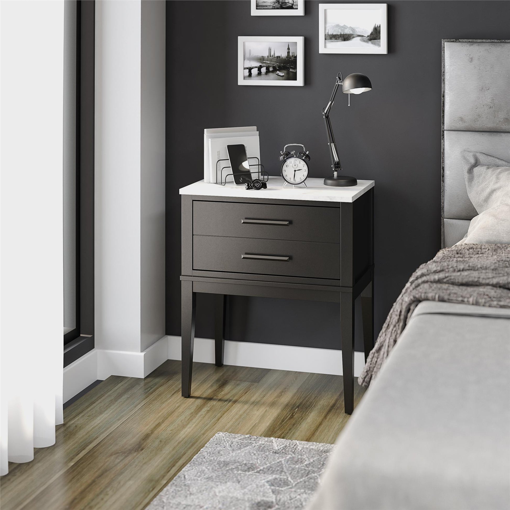 Lynnhaven Modern 1 Drawer Nightstand with Tapered Legs & Marble Top - Black