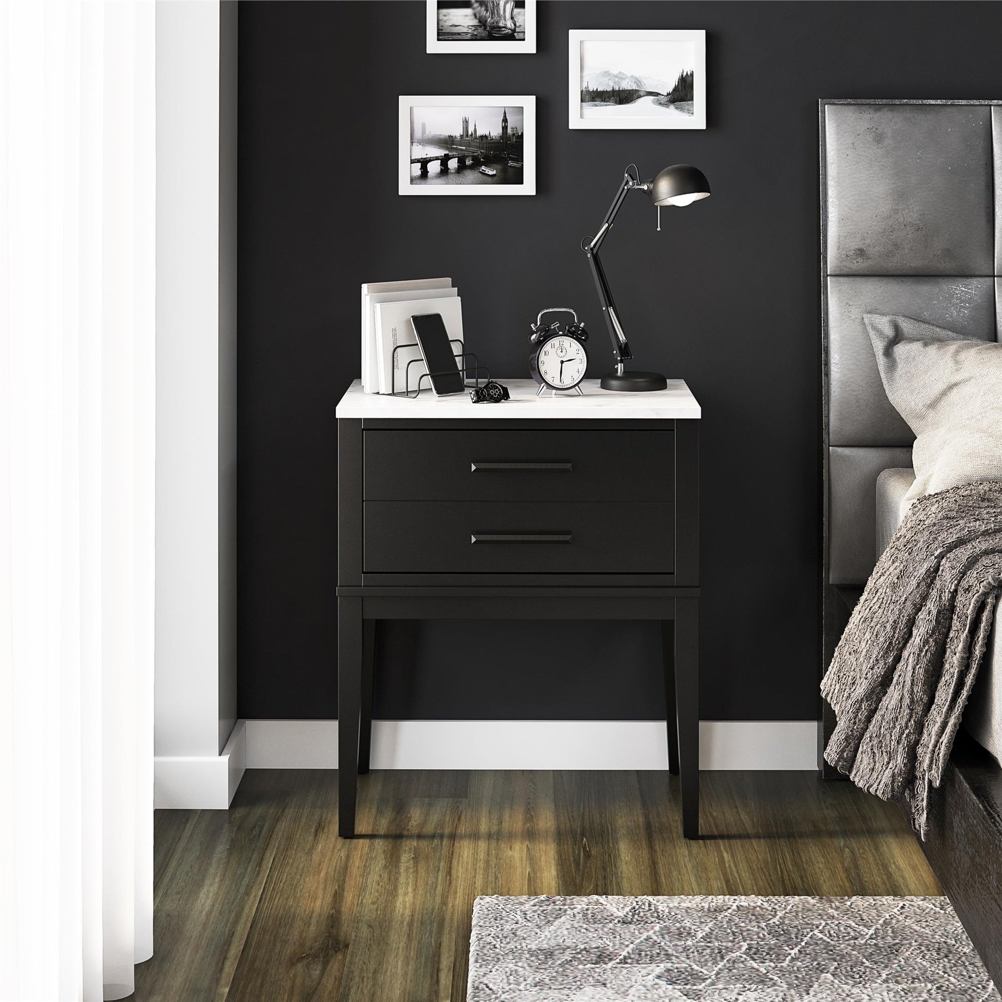 Lynnhaven Modern 1 Drawer Nightstand with Tapered Legs & Marble Top - Black