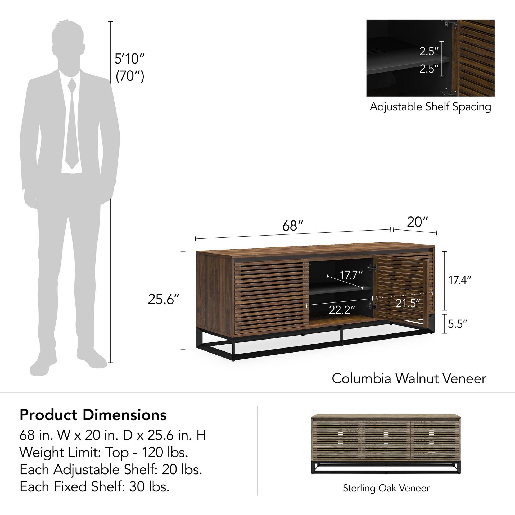68" Media Console with Beveled Steel Base for TVs up to 77", Columbia Walnut Wood Veneer - Columbia Walnut Veneer