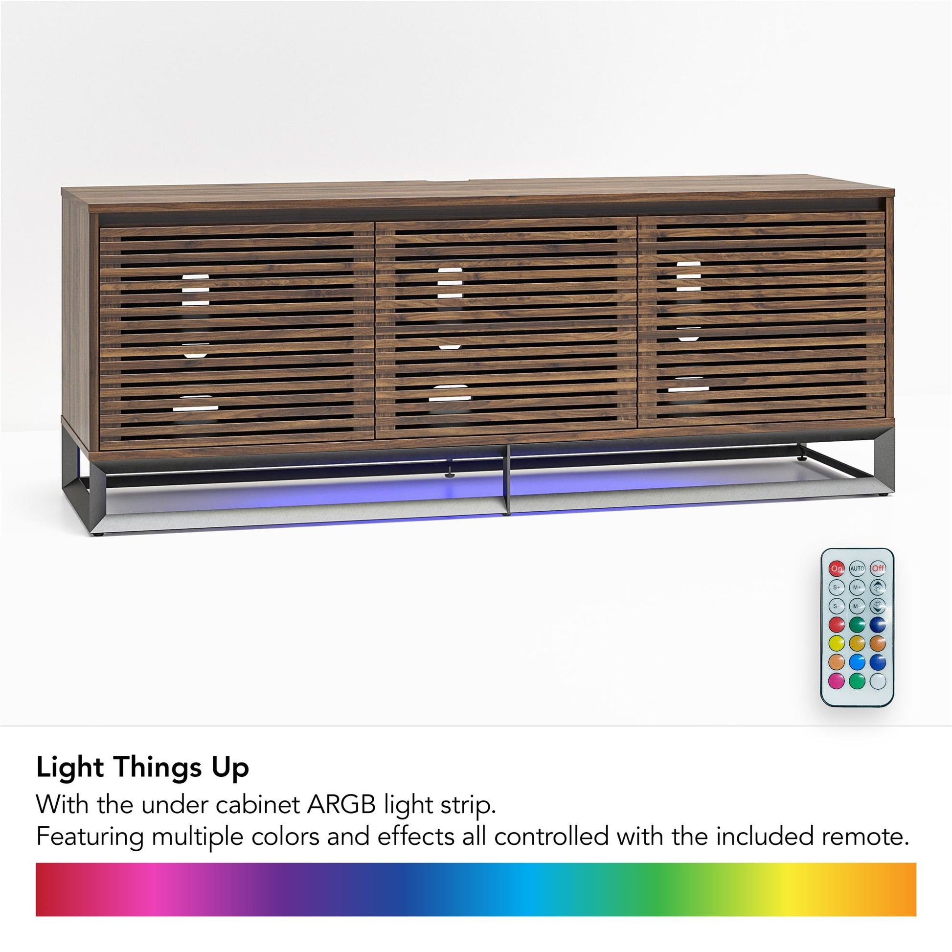 68" Media Console with Beveled Steel Base for TVs up to 77", Sterling Oak Wood Veneer - Sterling Oak Veneer