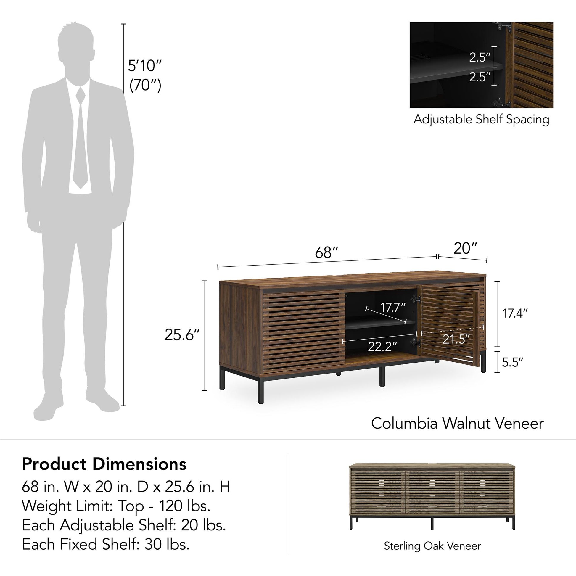 68" Media Console with Steel Post Base for TVs up to 77", Walnut Wood Veneer - Columbia Walnut Veneer