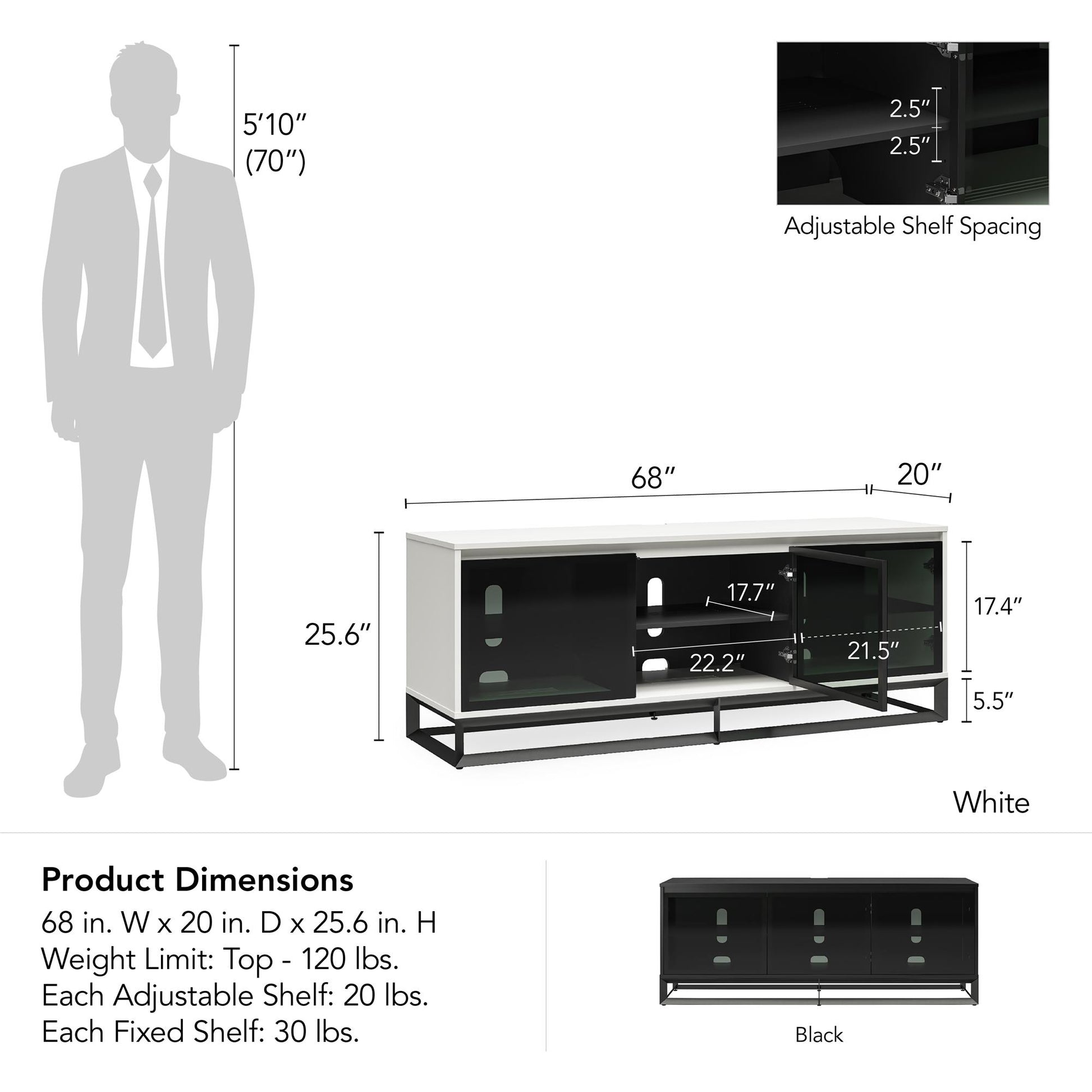 68" Media Console with Beveled Steel Base for TVs up to 77", White - White