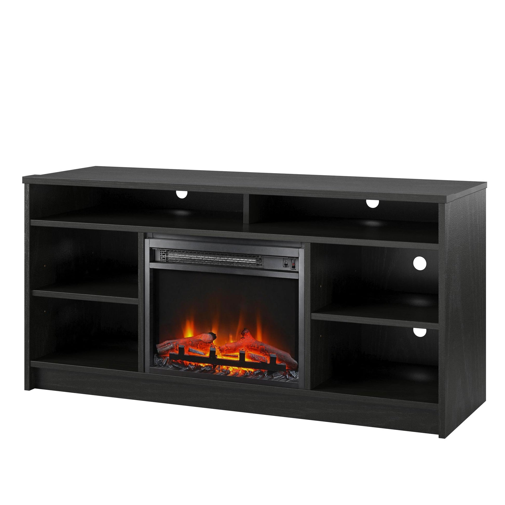 Hendrix 55" TV Stand with Electric Fireplace Insert and 6 Shelves - Black Oak
