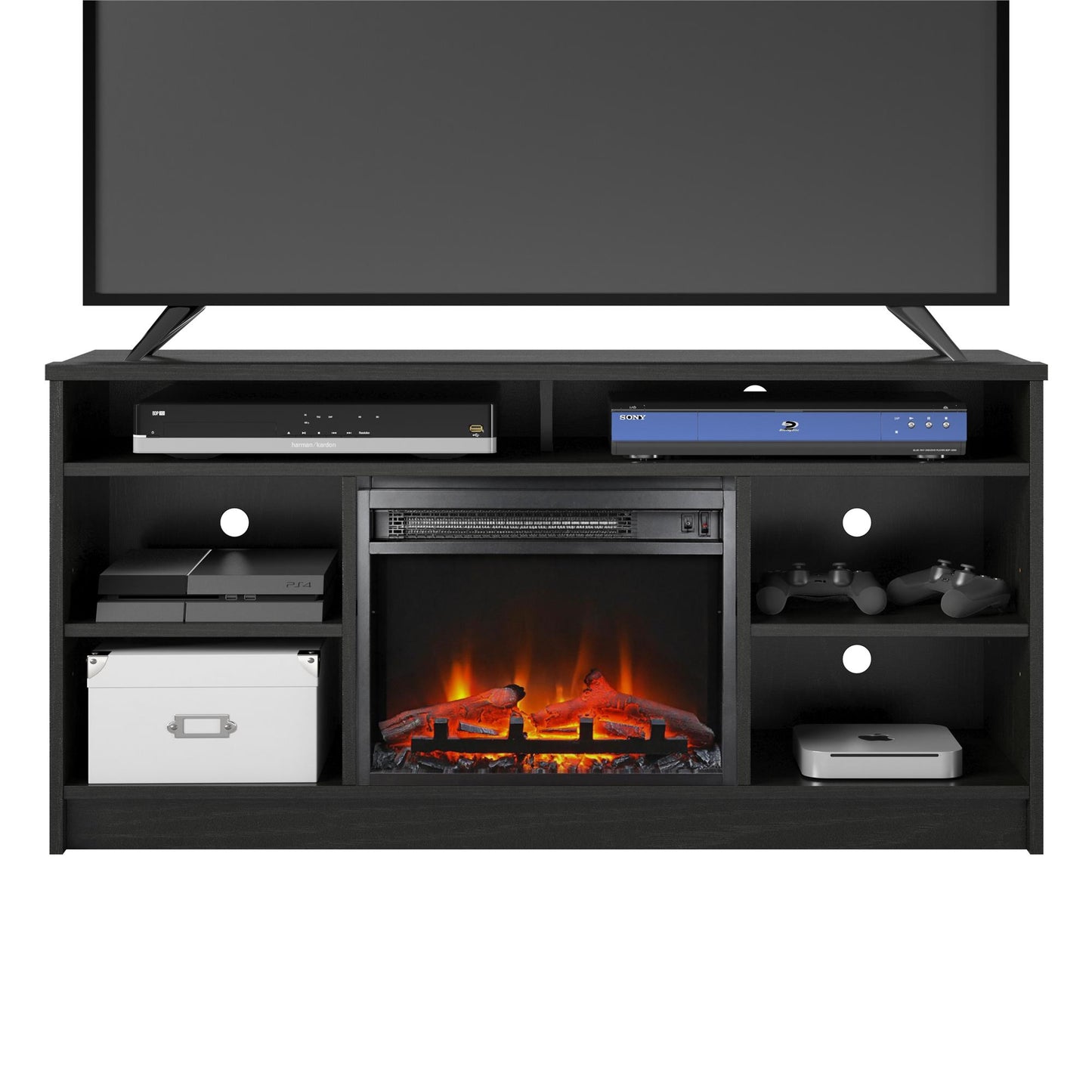 Hendrix 55" TV Stand with Electric Fireplace Insert and 6 Shelves - Black Oak