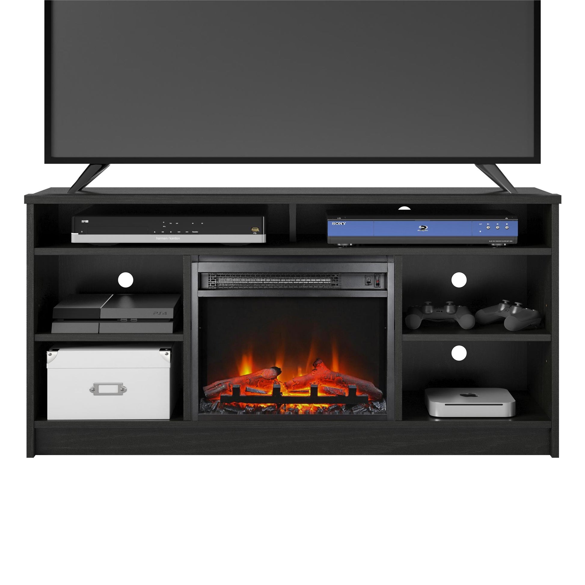 Hendrix 55" TV Stand with Electric Fireplace Insert and 6 Shelves - Black Oak