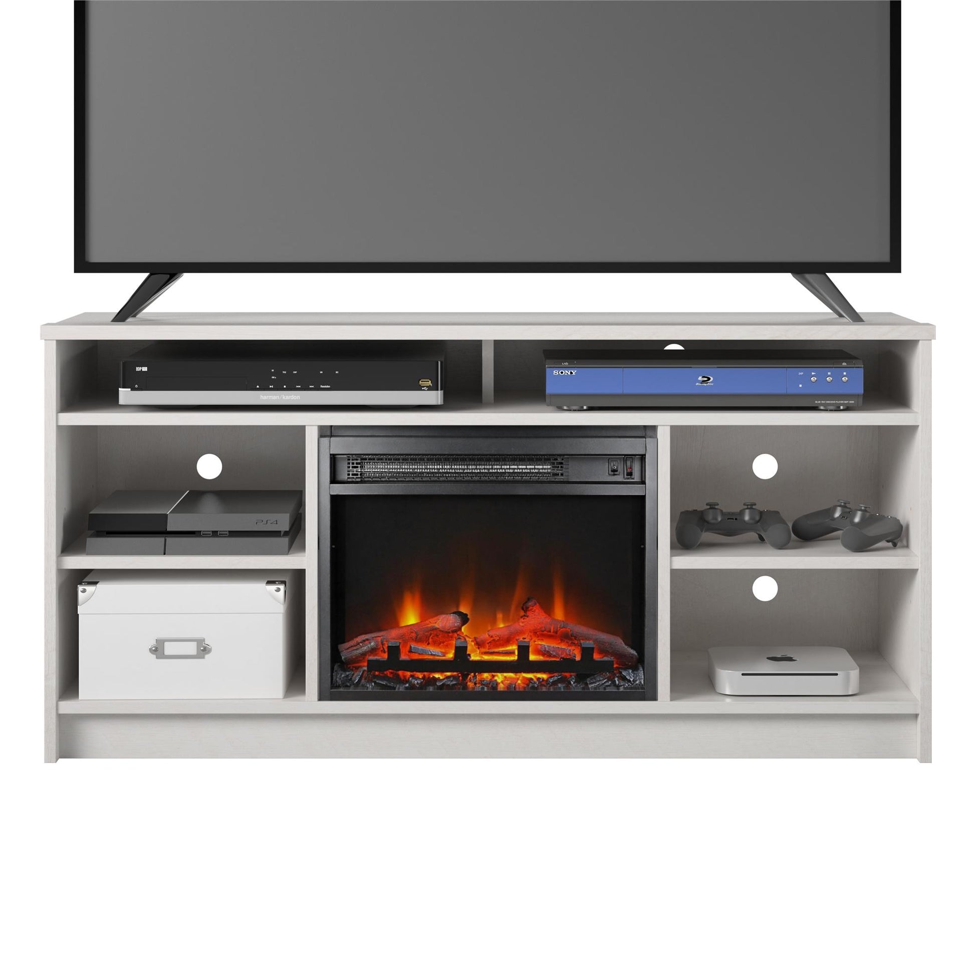 Hendrix 55" TV Stand with Electric Fireplace Insert and 6 Shelves - Ivory Oak