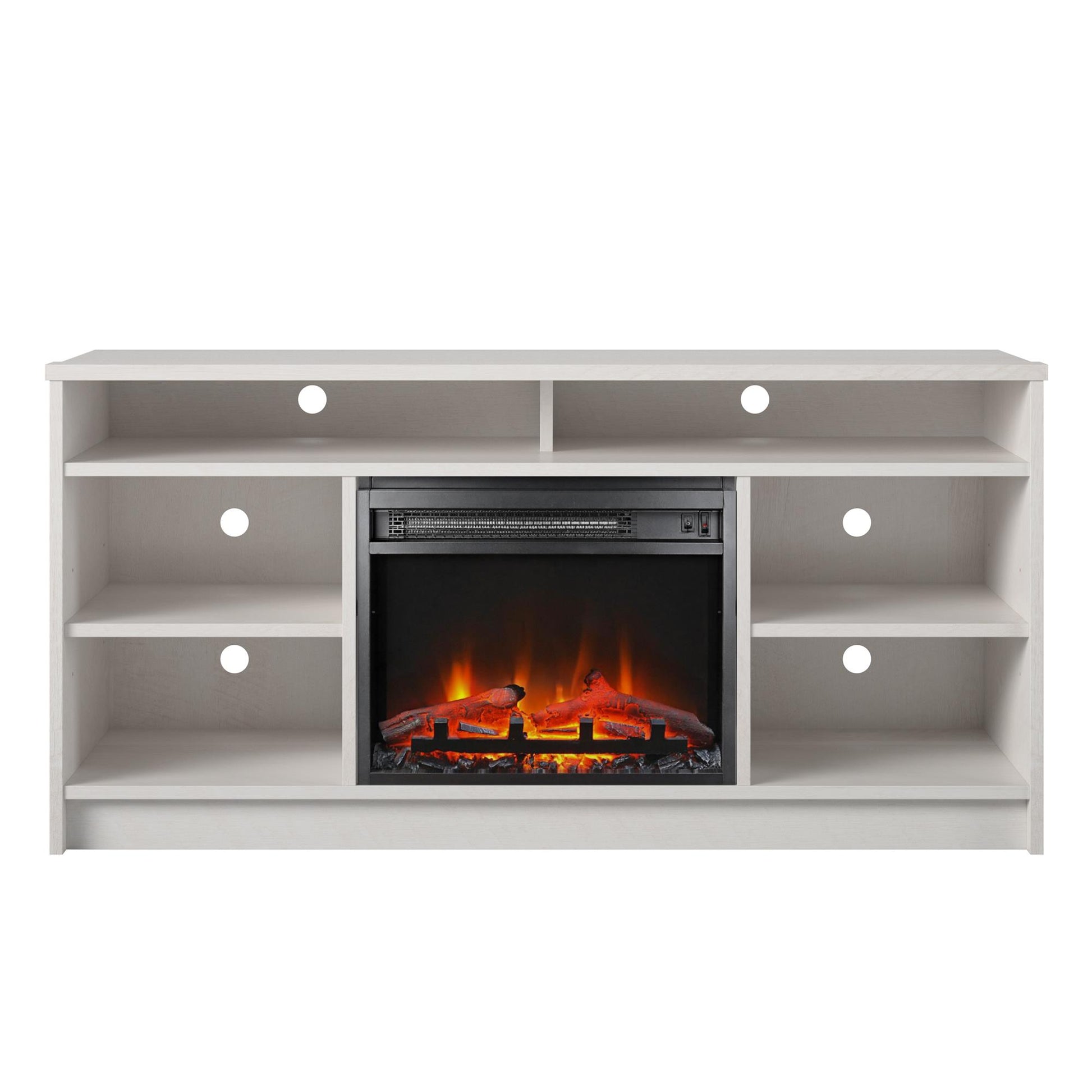 Hendrix 55" TV Stand with Electric Fireplace Insert and 6 Shelves - Ivory Oak