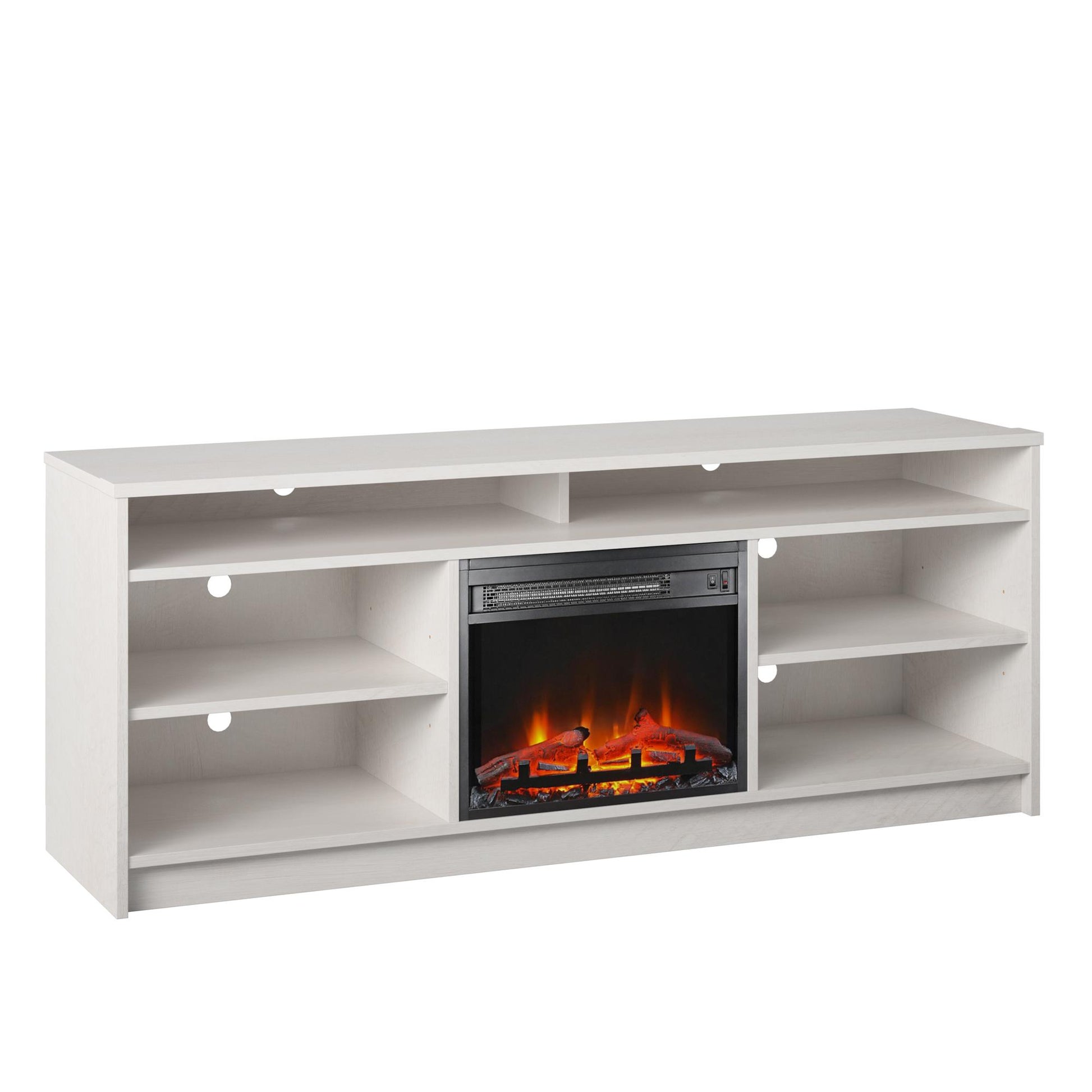 Hendrix 65" TV Stand with Electric Fireplace Insert and 6 Shelves - Ivory Oak