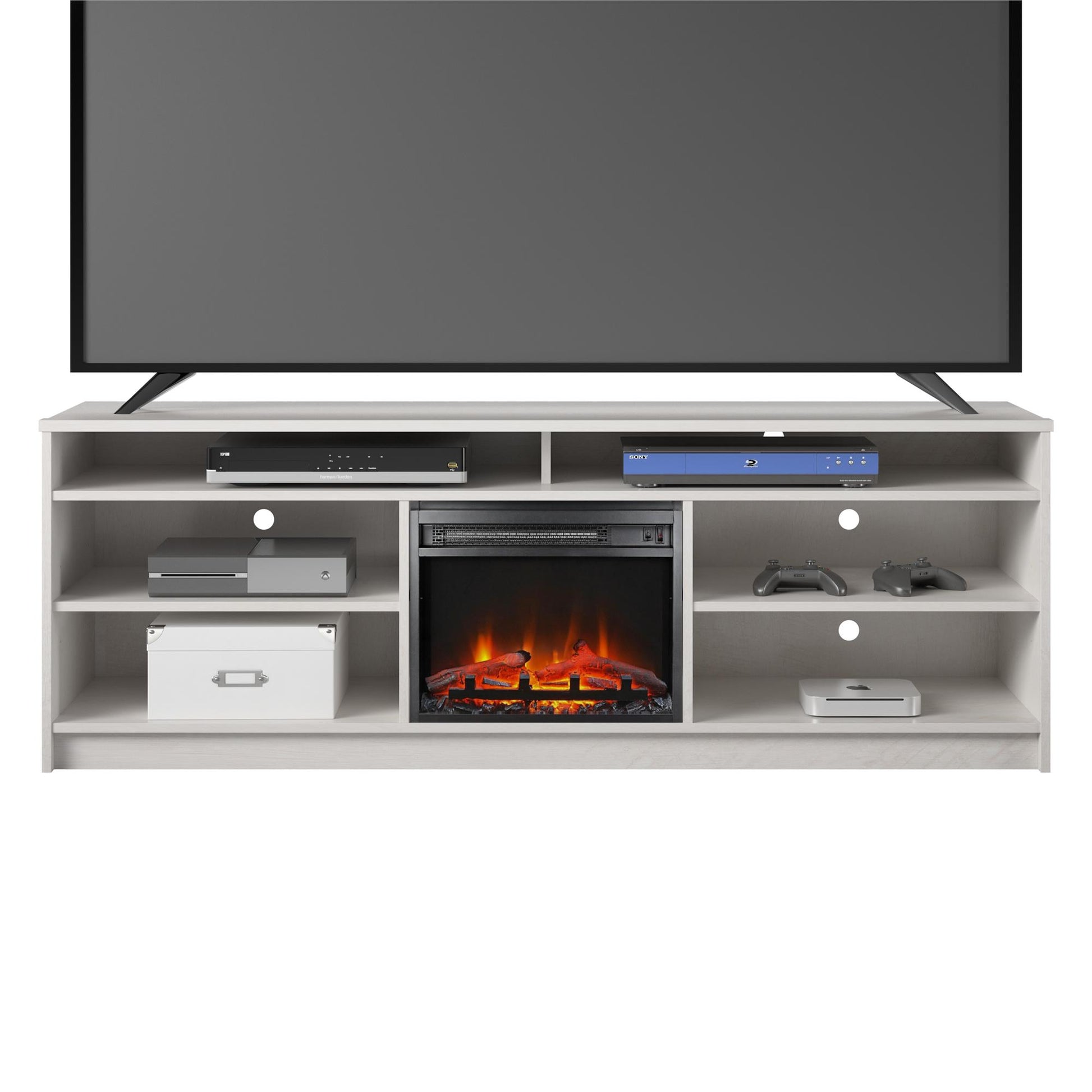 Hendrix 75" TV Stand with Electric Fireplace Insert and 6 Shelves - Ivory Oak