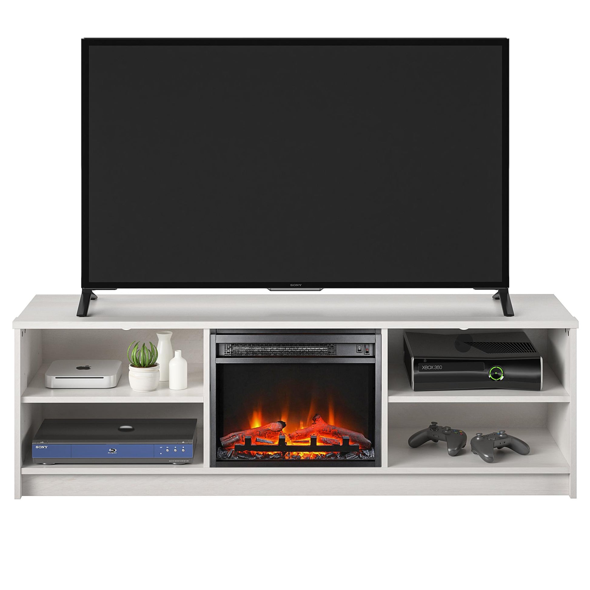 Noble 65” TV Stand with Electric Fireplace Insert and 4 Shelves - Ivory Oak