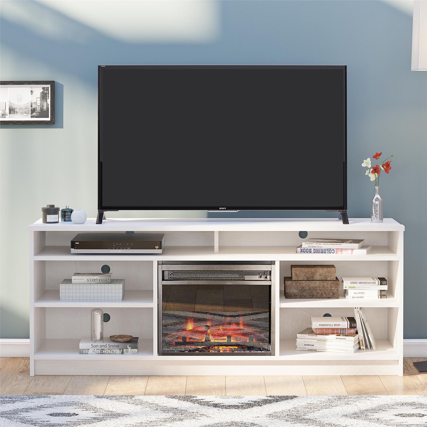 Hendrix 65" TV Stand with Electric Fireplace Insert and 6 Shelves - Ivory Oak