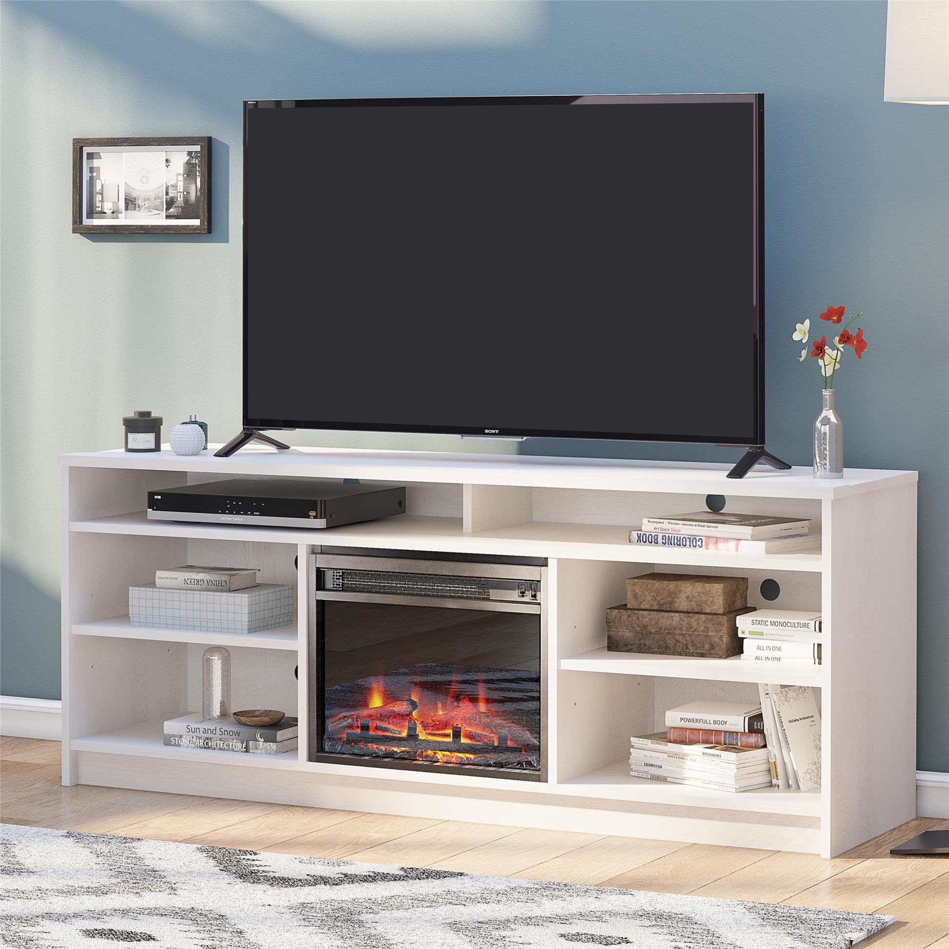 Hendrix 65" TV Stand with Electric Fireplace Insert and 6 Shelves - Ivory Oak