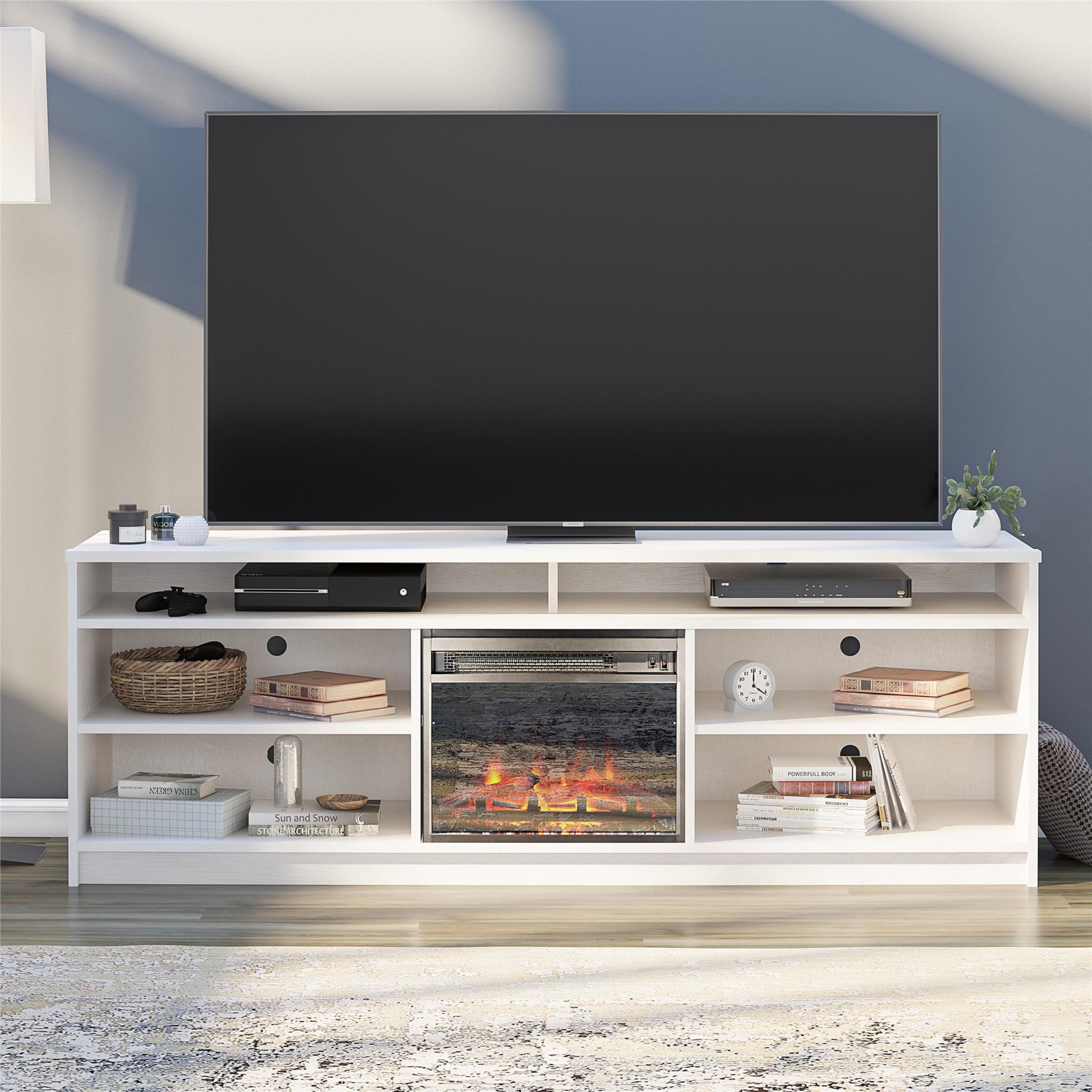 Hendrix 75" TV Stand with Electric Fireplace Insert and 6 Shelves - Ivory Oak