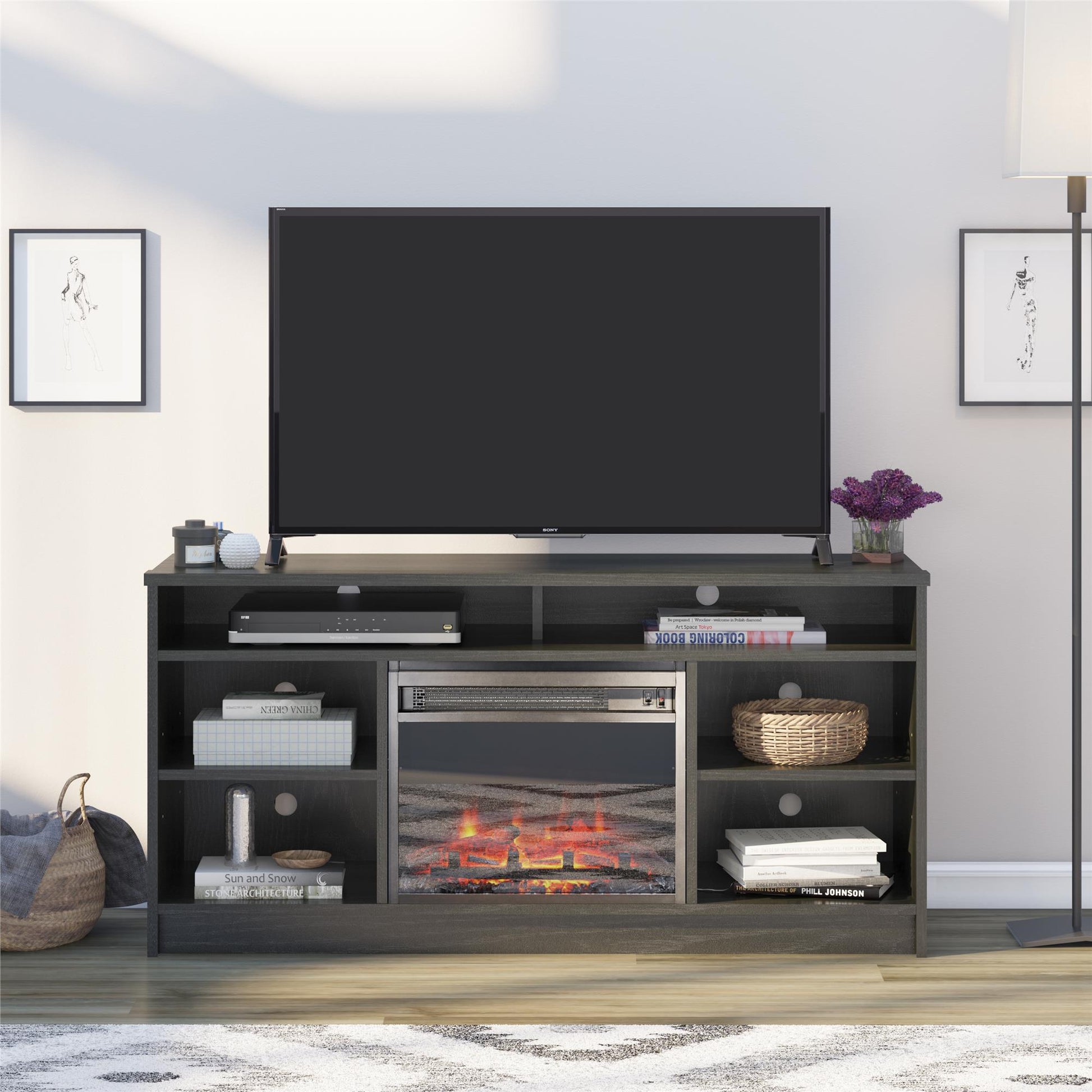 Hendrix 55" TV Stand with Electric Fireplace Insert and 6 Shelves - Black Oak
