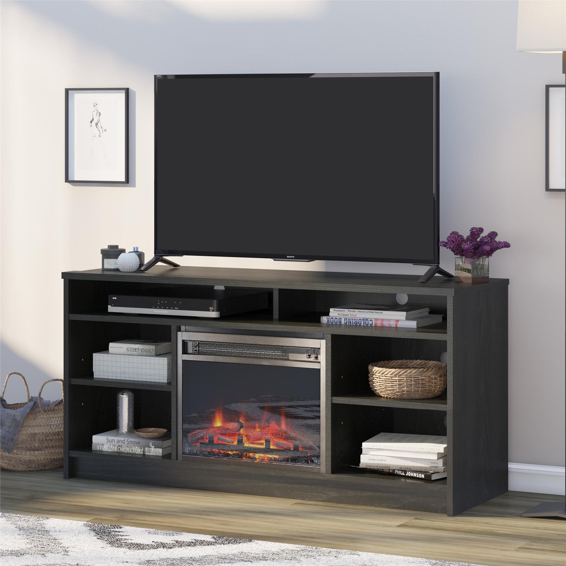 Hendrix 55" TV Stand with Electric Fireplace Insert and 6 Shelves - Black Oak