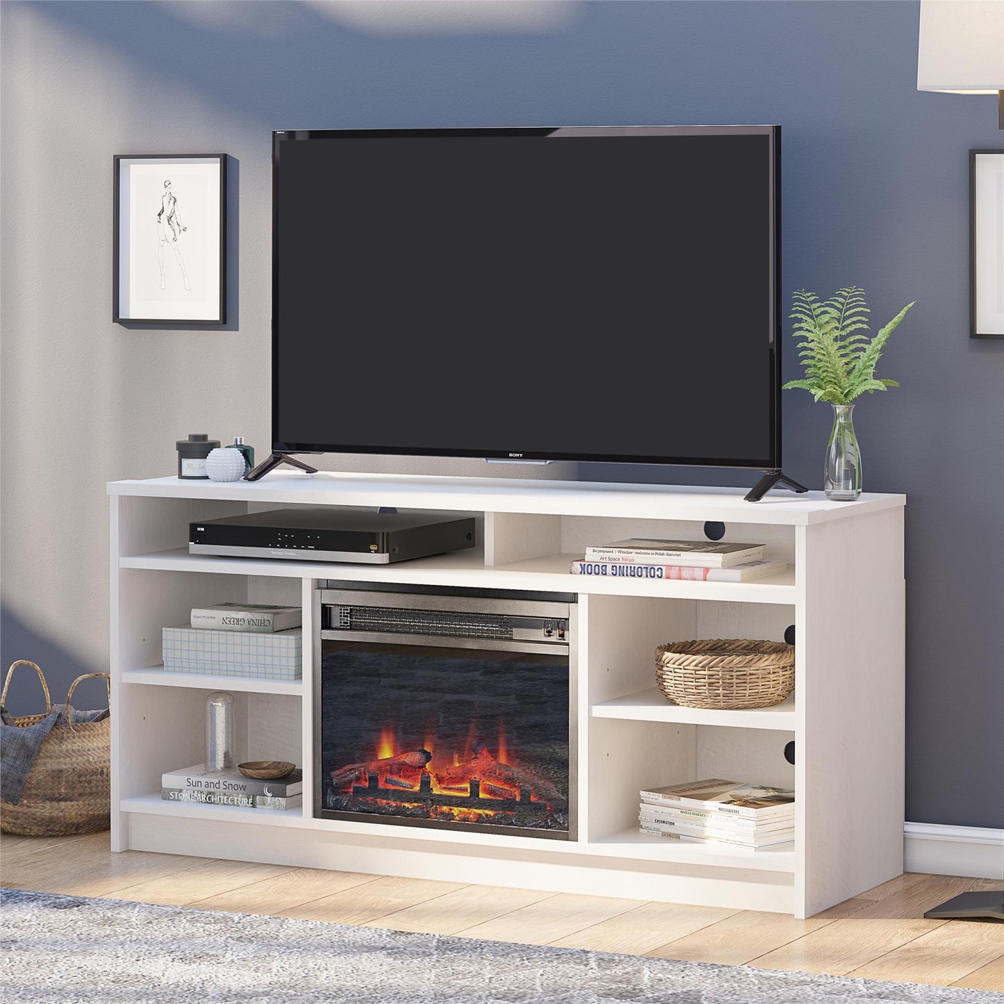 Hendrix 55" TV Stand with Electric Fireplace Insert and 6 Shelves - Ivory Oak
