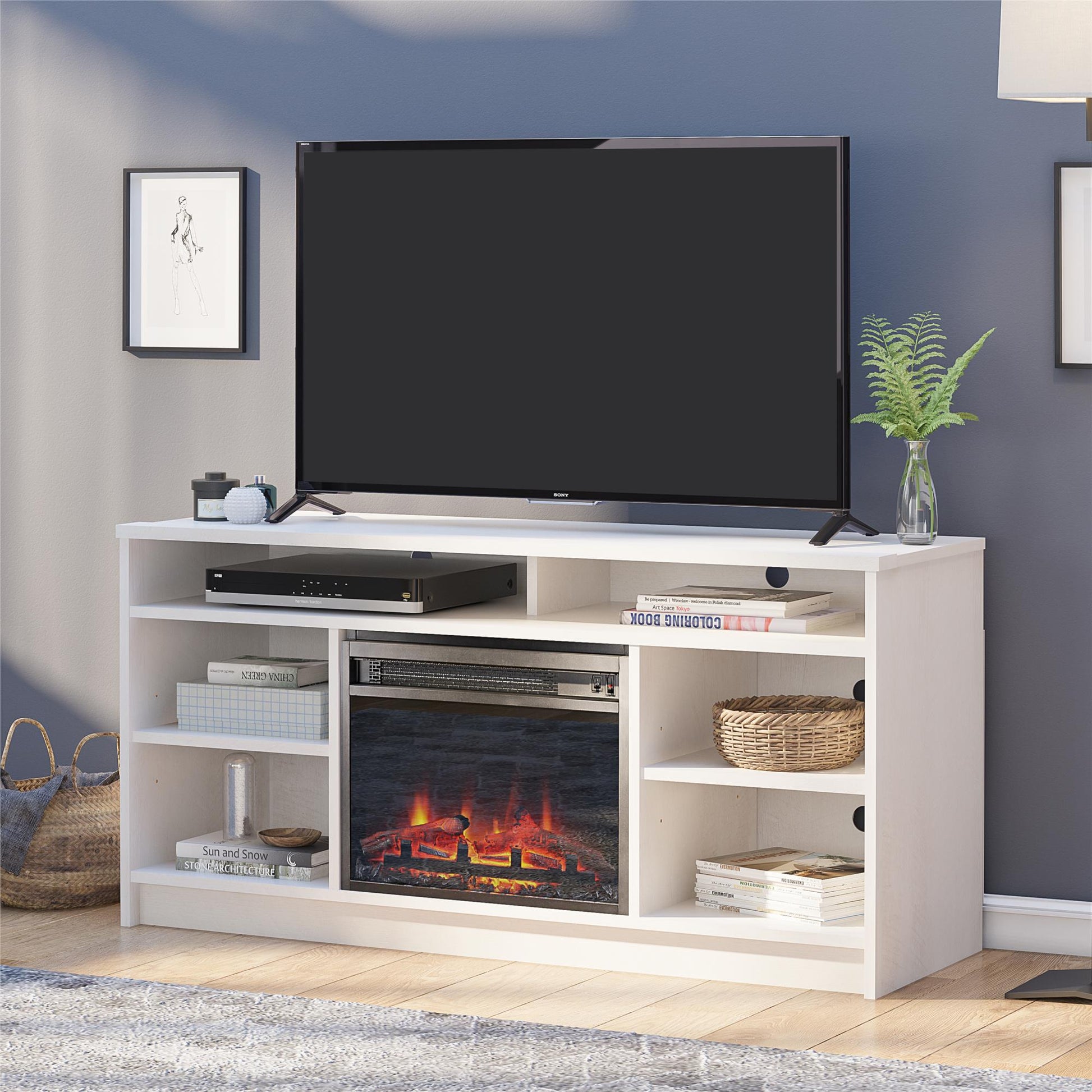 Hendrix 55" TV Stand with Electric Fireplace Insert and 6 Shelves - Ivory Oak