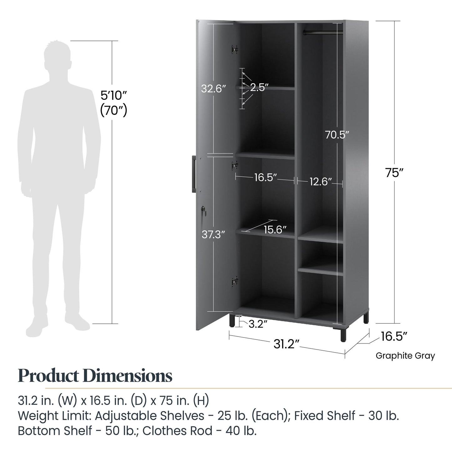 Shelby Tall Garage Cabinet with 1 Door & Hanging Rod - Graphite