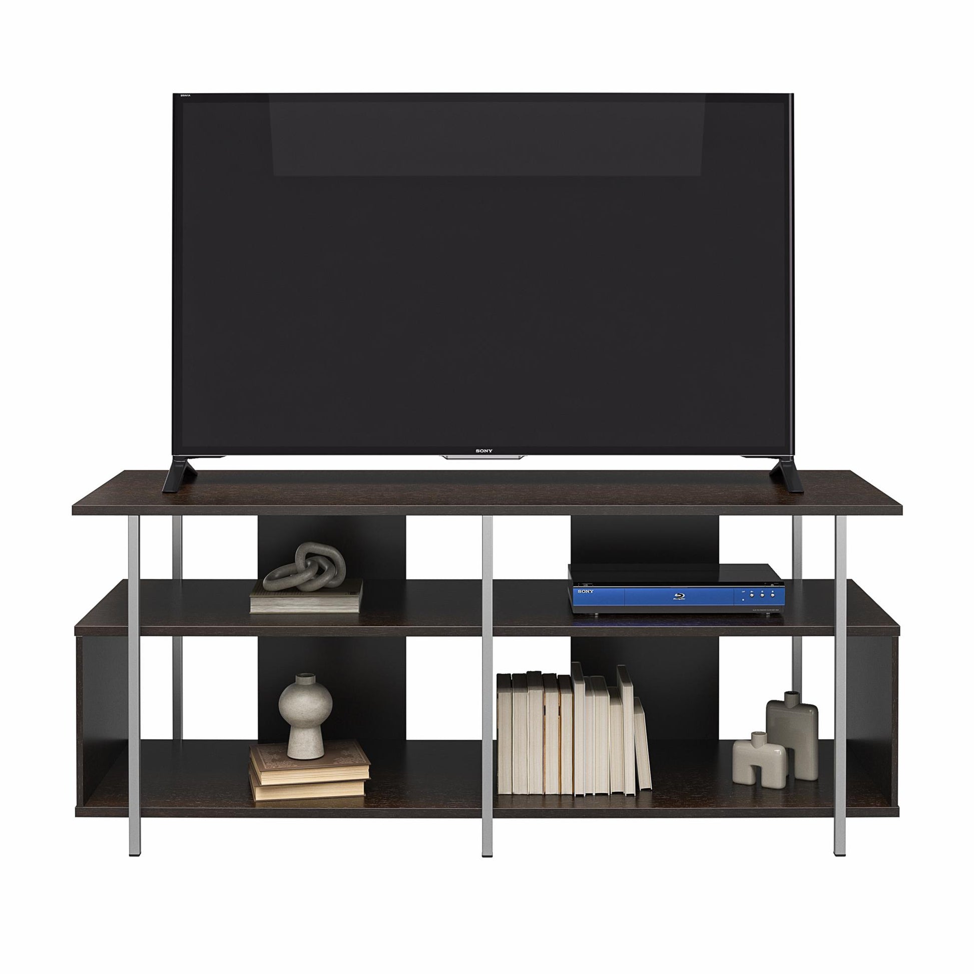 Alonso Mixed Media TV Stand with 4 Open Shelves for TVs up to 69" - Espresso