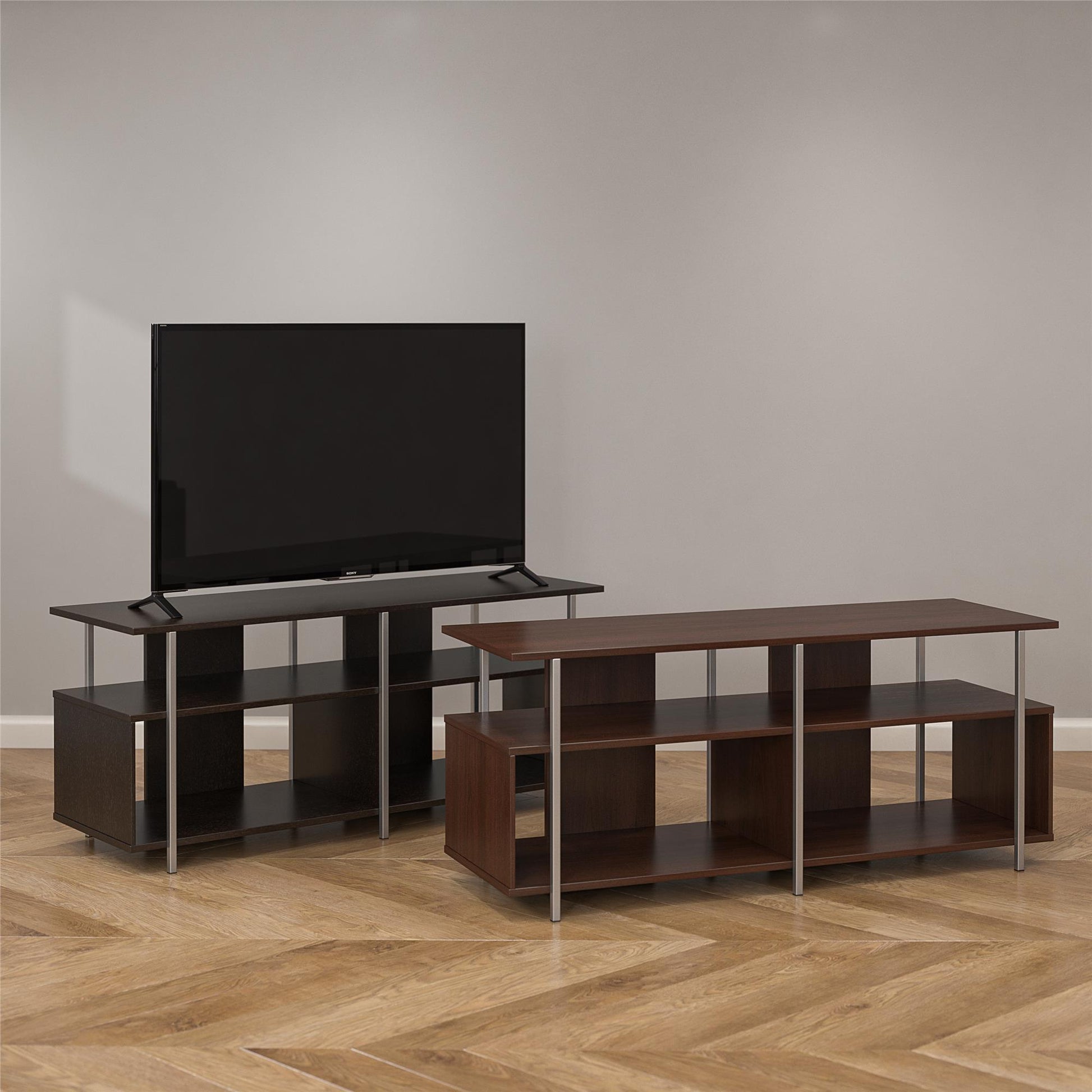 Alonso Mixed Media TV Stand with 4 Open Shelves for TVs up to 69" - Espresso