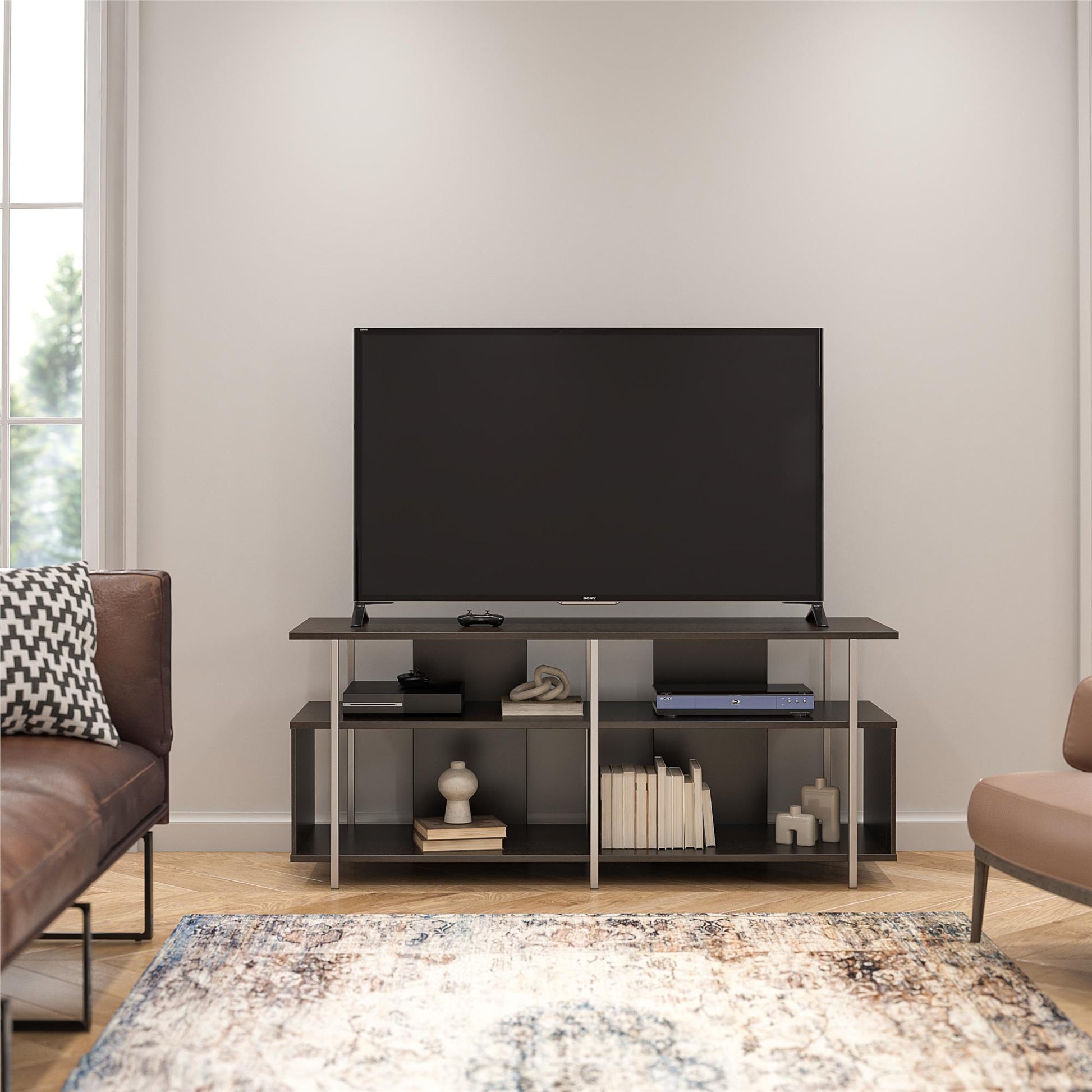 Alonso Mixed Media TV Stand with 4 Open Shelves for TVs up to 69" - Espresso