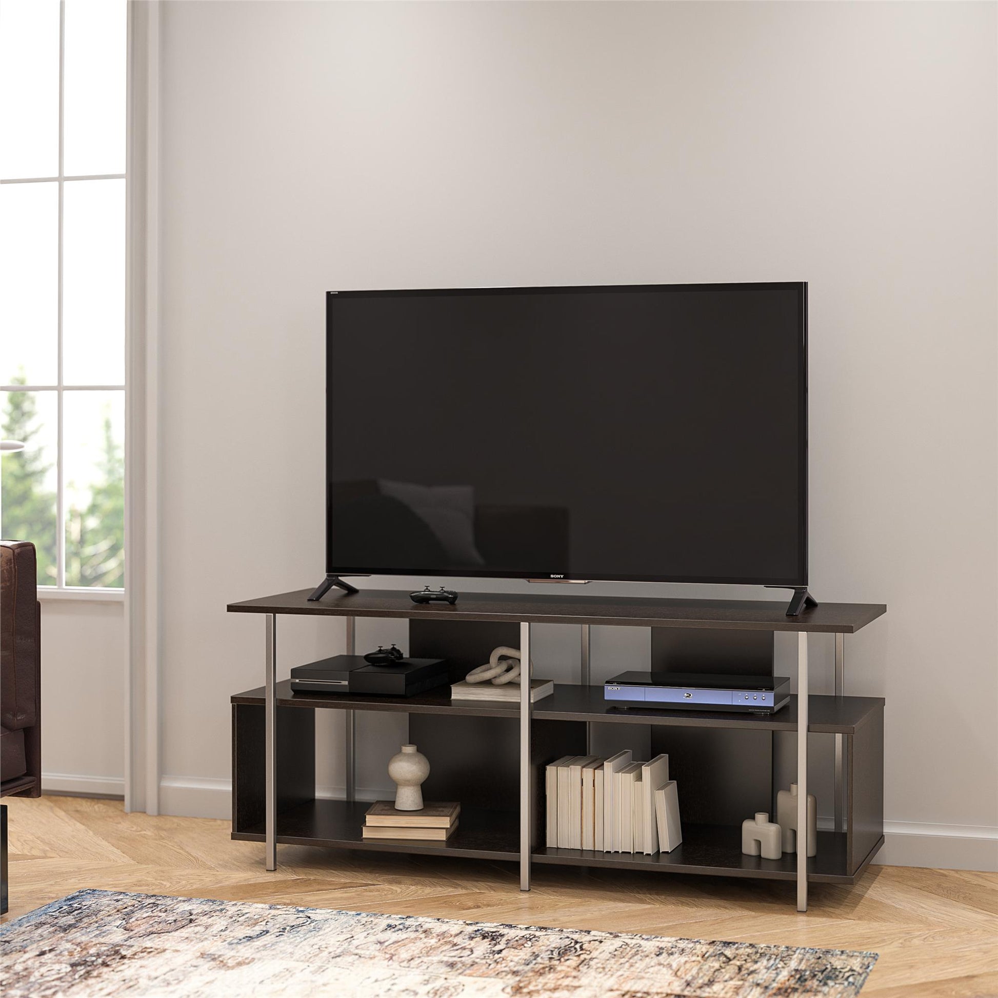 Alonso Mixed Media TV Stand with 4 Open Shelves for TVs up to 69" - Espresso