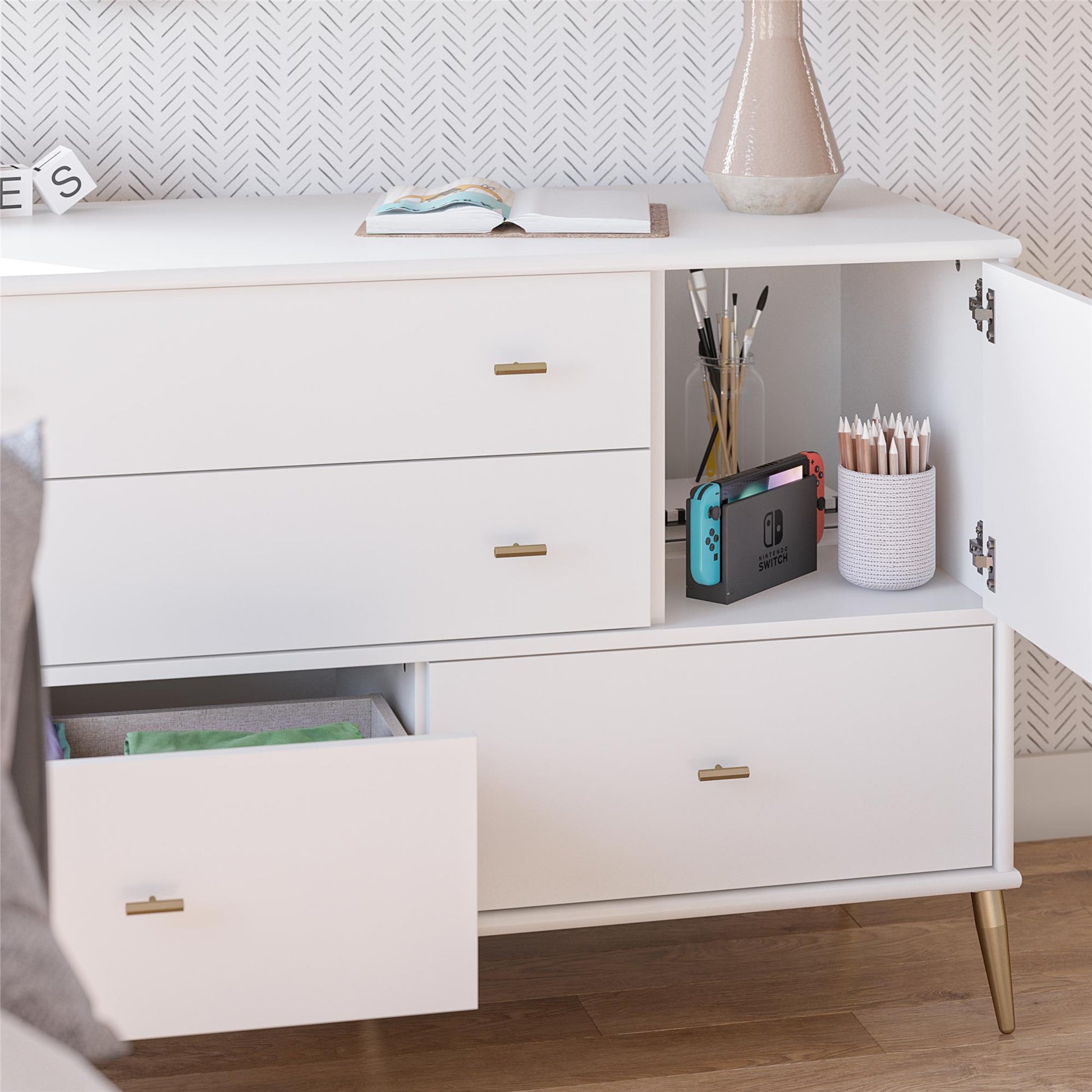 Valentina Asymmetrical 4 Drawer / 1 Door Convertible Dresser - White
