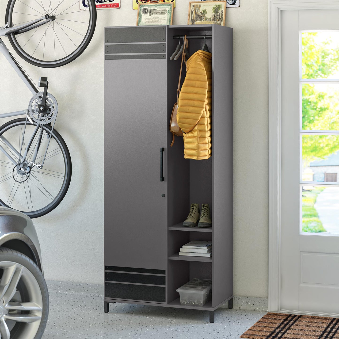 Shelby Tall Garage Cabinet with 1 Door & Hanging Rod - Graphite
