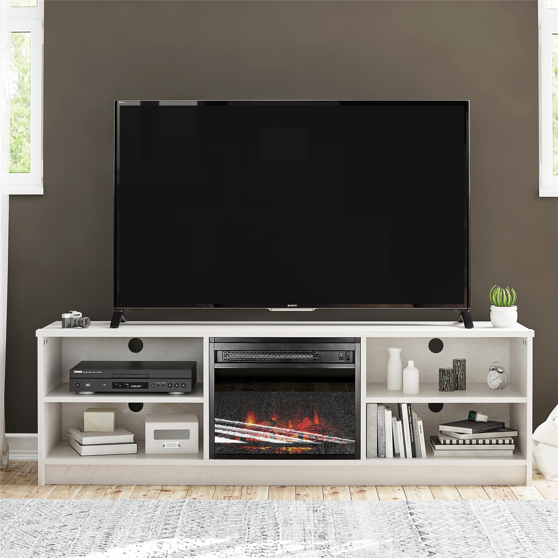 Noble 65” TV Stand with Electric Fireplace Insert and 4 Shelves - Ivory Oak