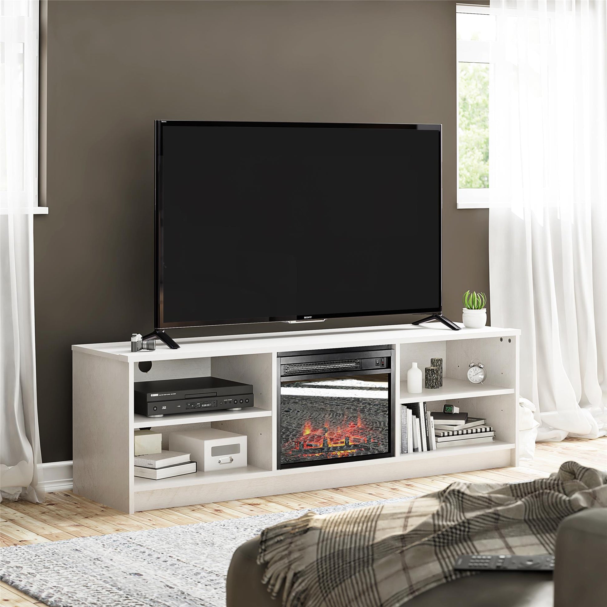 Noble 65” TV Stand with Electric Fireplace Insert and 4 Shelves - Ivory Oak