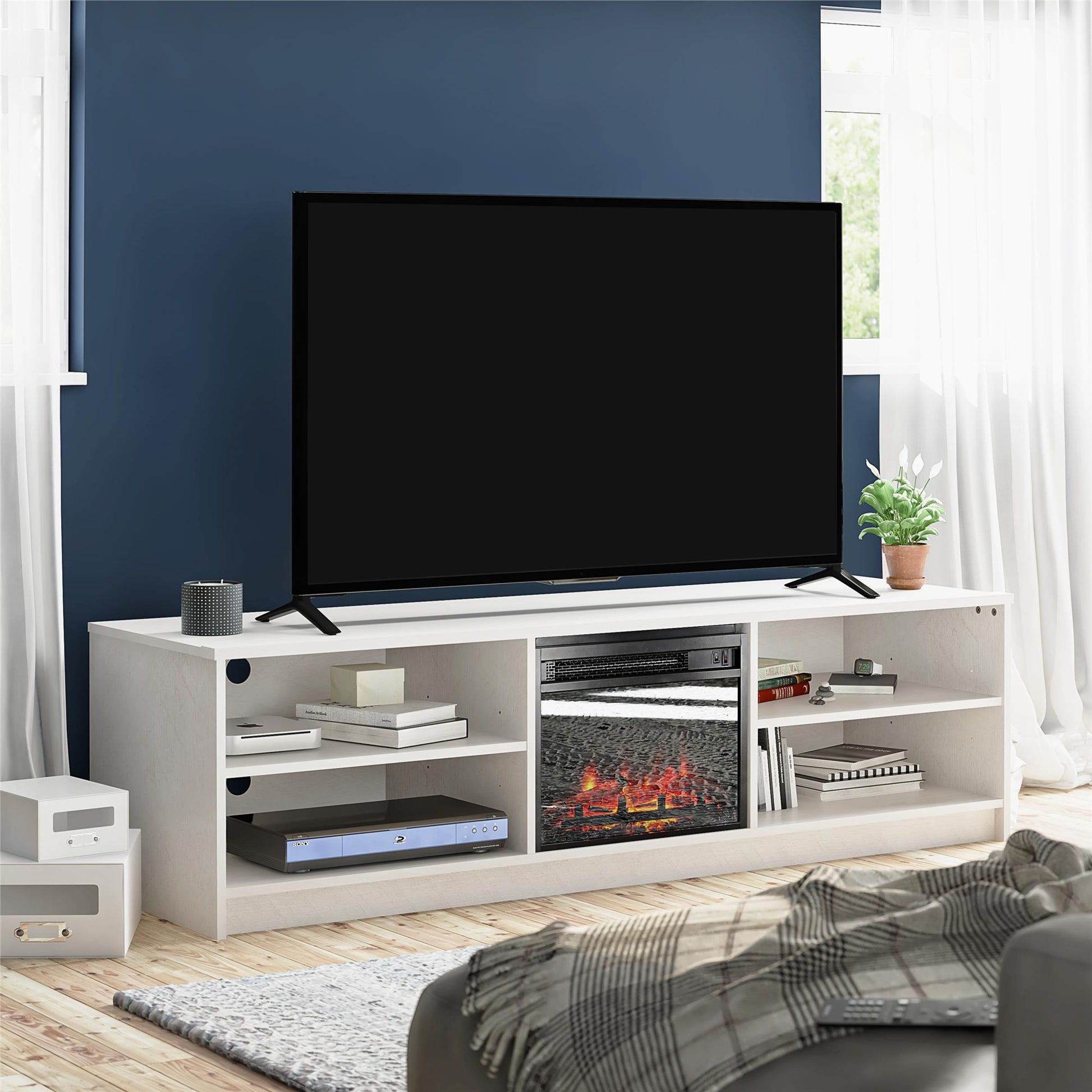 Noble 75" TV Stand with Electric Fireplace Insert and 4 Shelves - Ivory Oak