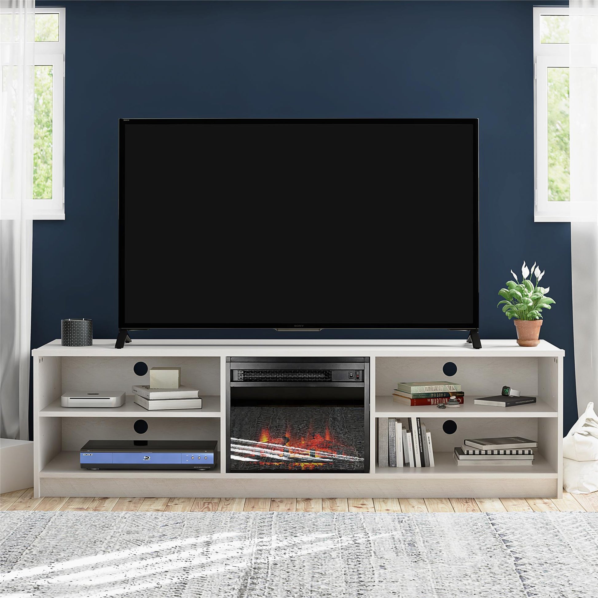 Noble 75" TV Stand with Electric Fireplace Insert and 4 Shelves - Ivory Oak