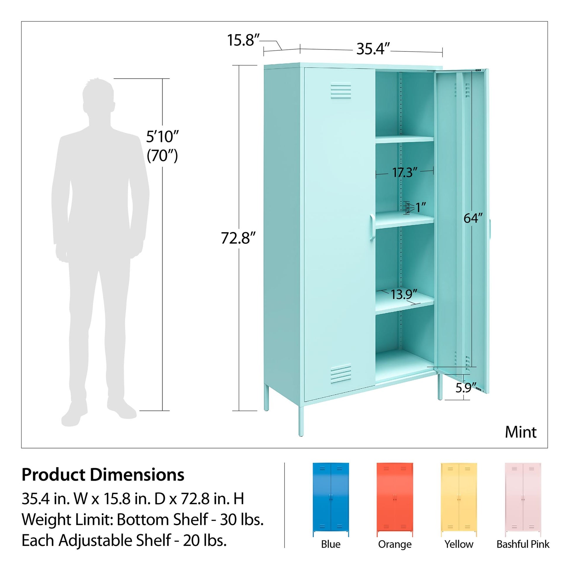 Cache Tall 2 Door Metal Locker Cabinet, Bashful Pink - Bashful