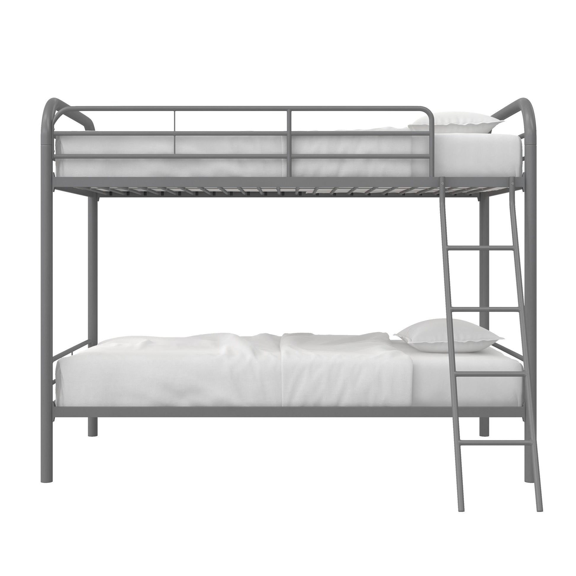 Twin over Twin Metal Bunk Bed with Slanted Front Ladder and Guardrails - Silver - Twin-Over-Twin