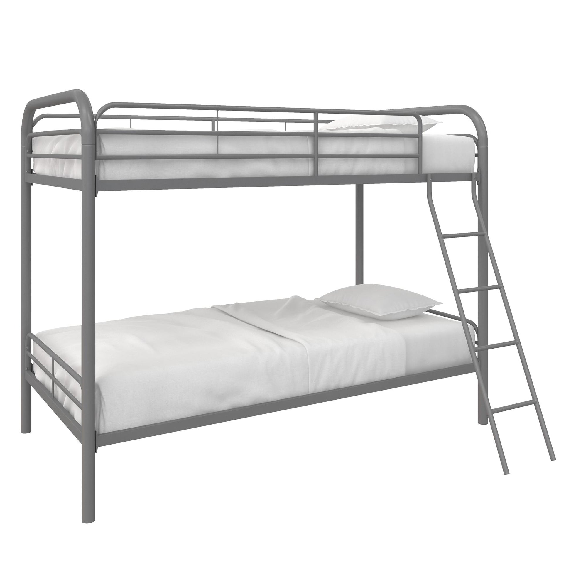 Twin over Twin Metal Bunk Bed with Slanted Front Ladder and Guardrails - Silver - Twin-Over-Twin