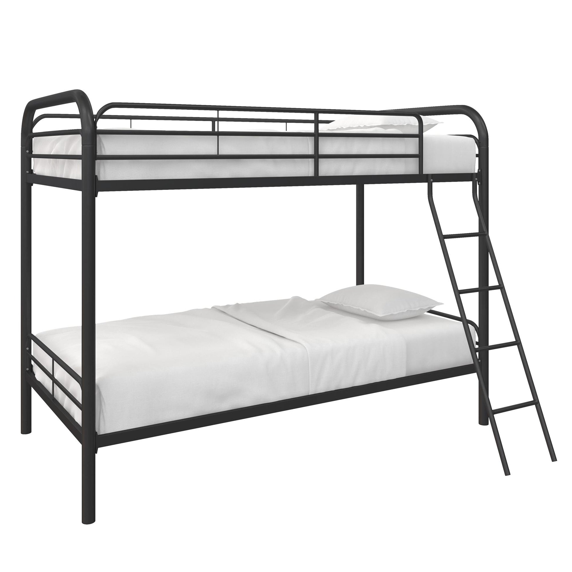 Twin over Twin Metal Bunk Bed with Slanted Front Ladder and Guardrails - Black - Twin-Over-Twin