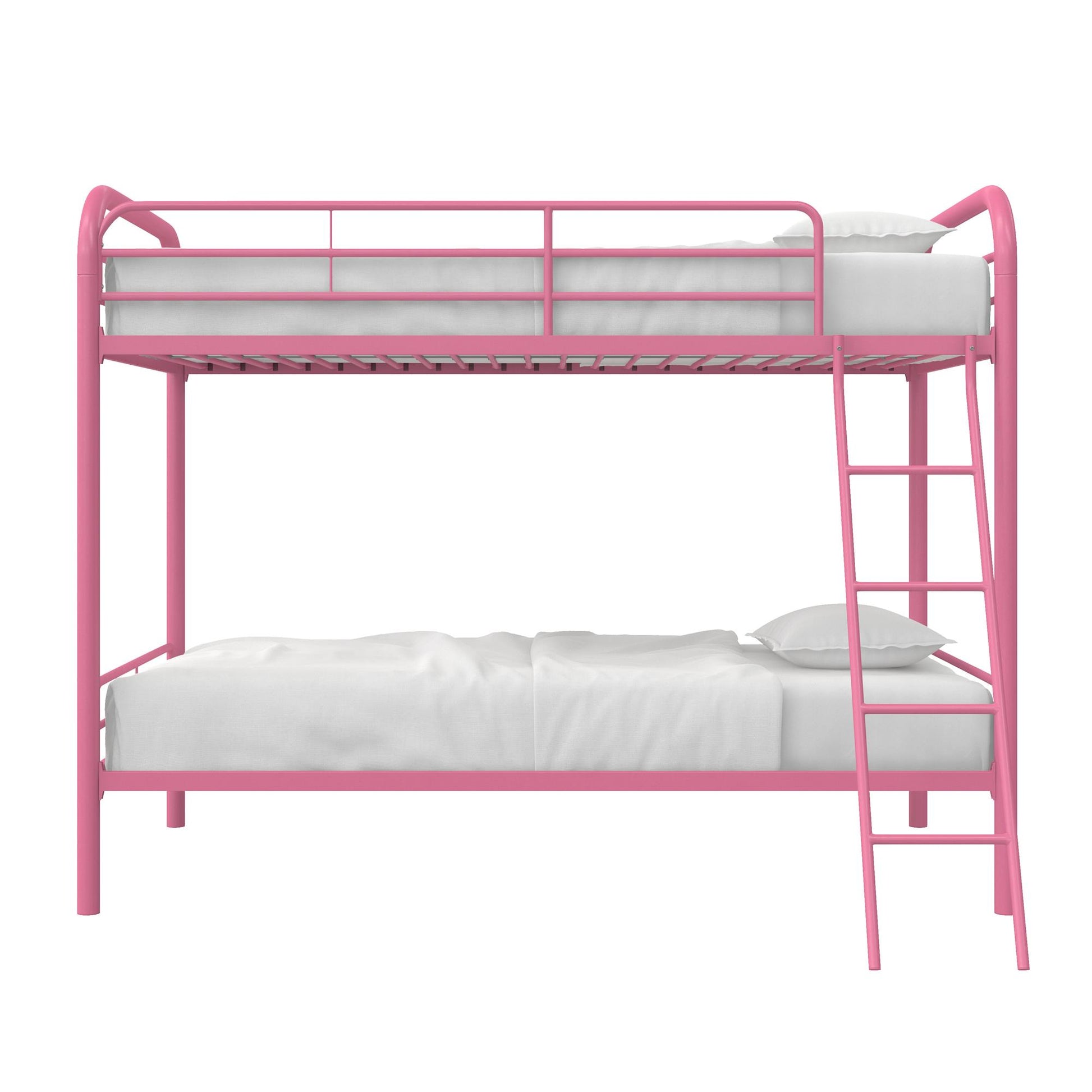 Twin over Twin Metal Bunk Bed with Slanted Front Ladder and Guardrails - Pink - Twin-Over-Twin