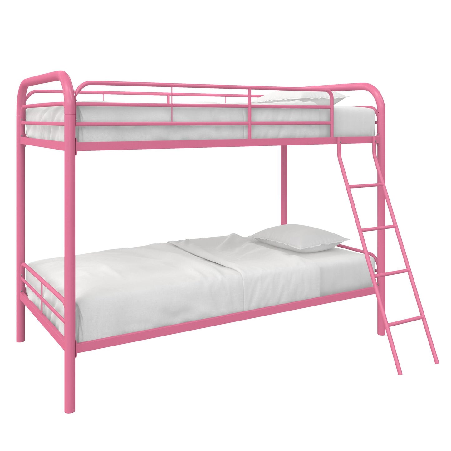 Twin over Twin Metal Bunk Bed with Slanted Front Ladder and Guardrails - Pink - Twin-Over-Twin