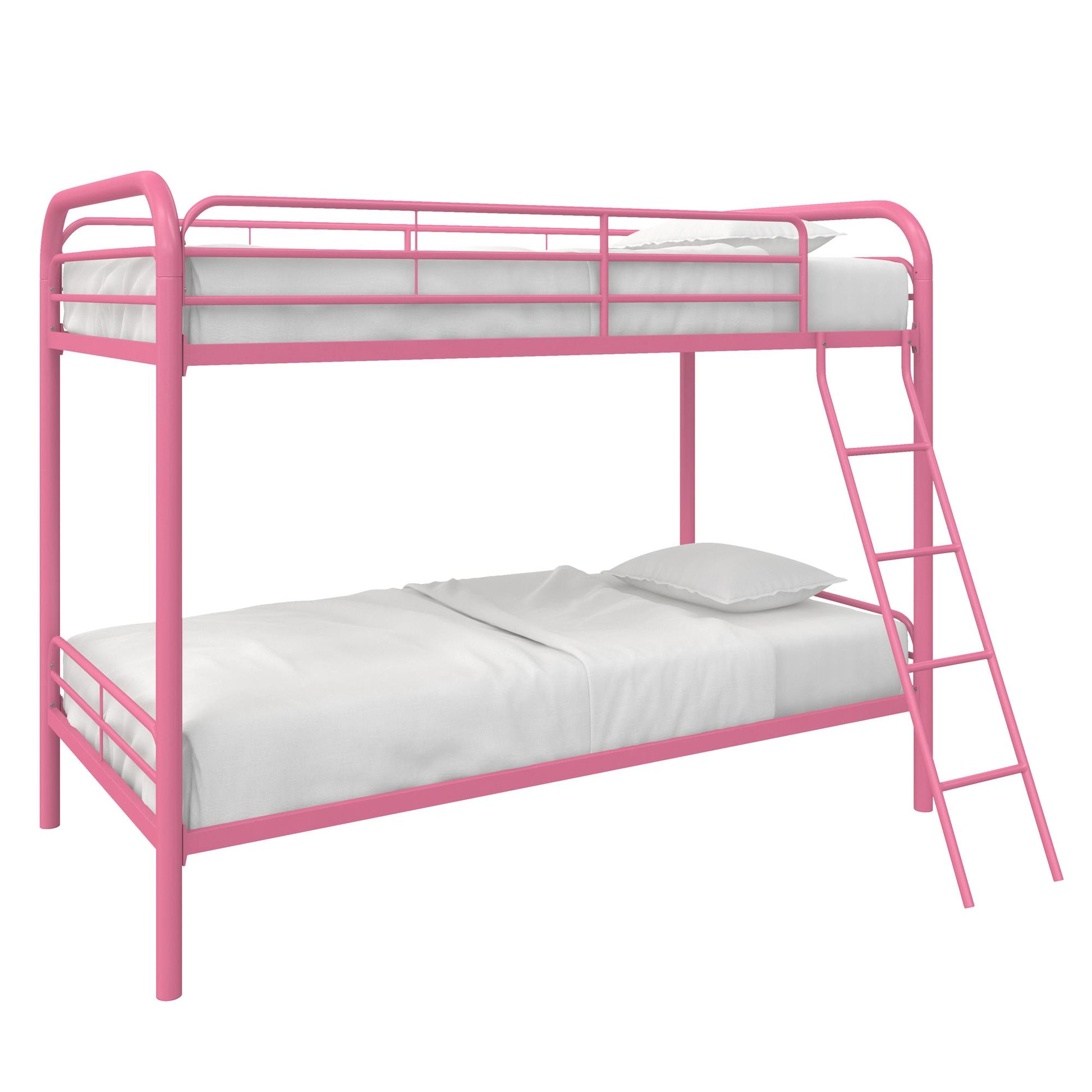 Twin over Twin Metal Bunk Bed with Slanted Front Ladder and Guardrails - Pink - Twin-Over-Twin
